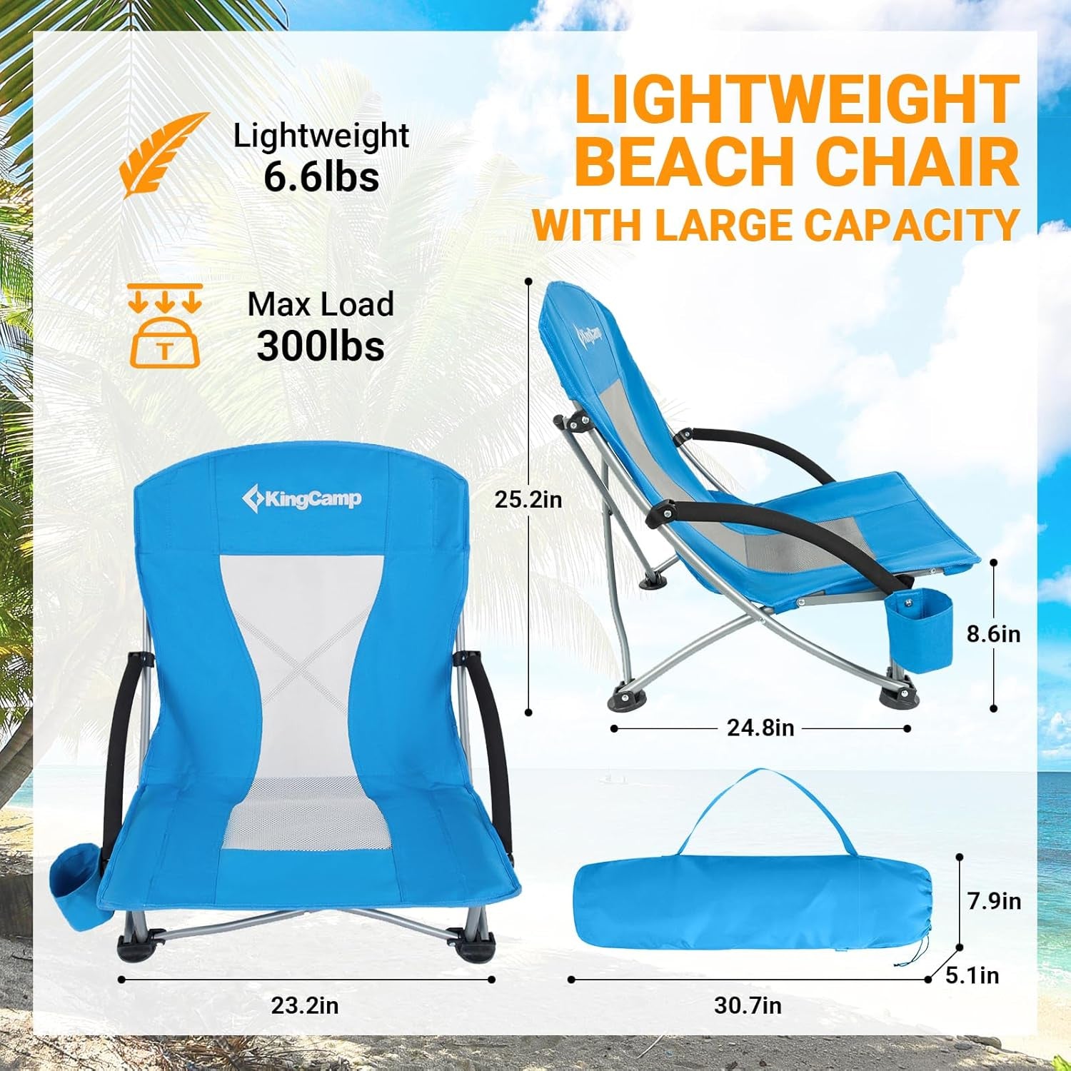 Low Beach Chair Folding Portable Lightweight Backpack Chair for Adults with Cup Holder Pocket Carry Bag for Outdoor Camping Concert Festival Travel Sports Lawn Sand, Blue