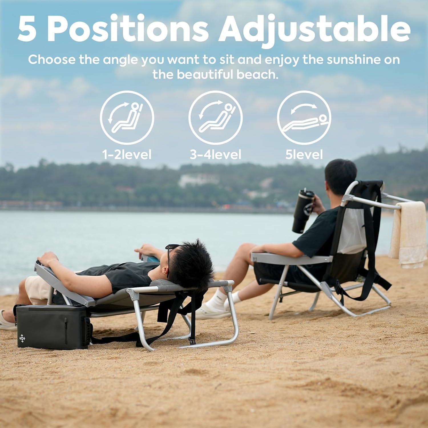 Backpacking Beach Chairs for Adults, 5 Positions Reclining, Heavy Duty Folding Beach Chairs, Portable Lay Flat Outdoor Chair with Cup Holder for Camping, Lawn, 350Lb Capacity