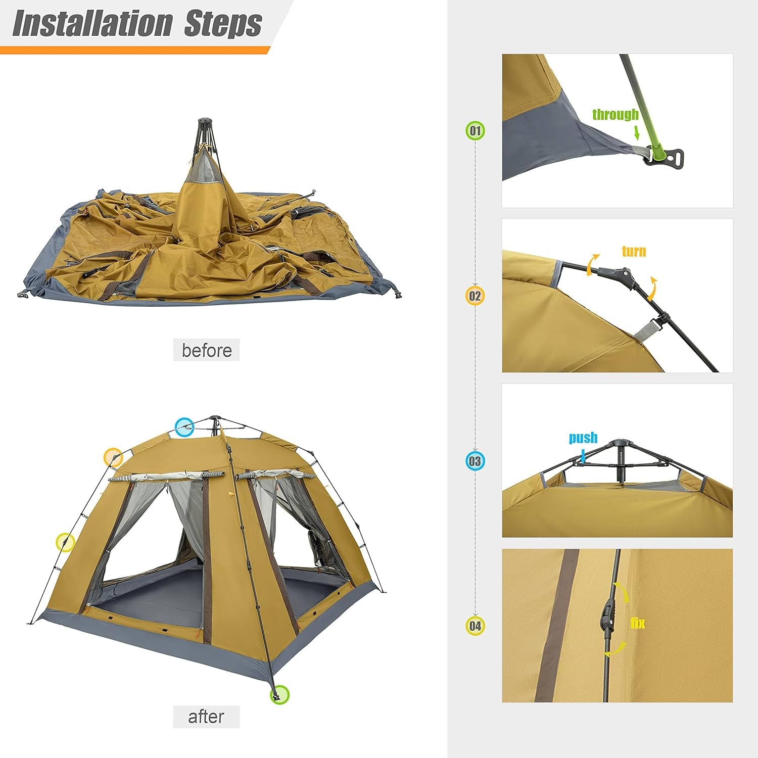4 Person Lightweight Camping Tent Easy Setup Large Cabin Tent Waterproof and Sun Protect Instant Tent with Sun Shade for Outdoor Hiking Four Large Mesh Windows for Optimized Ventilation