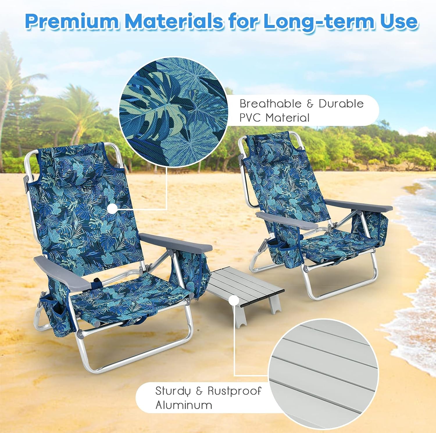 Beach Chair, Folding Backpack Beach Chairs for Adults with 5 Positions, Head Pillow, Cooler Bag, Towel Bar, Cup Holders, Sunbath Sling Tanning Lounge, Foldable Layout Camping Chairs