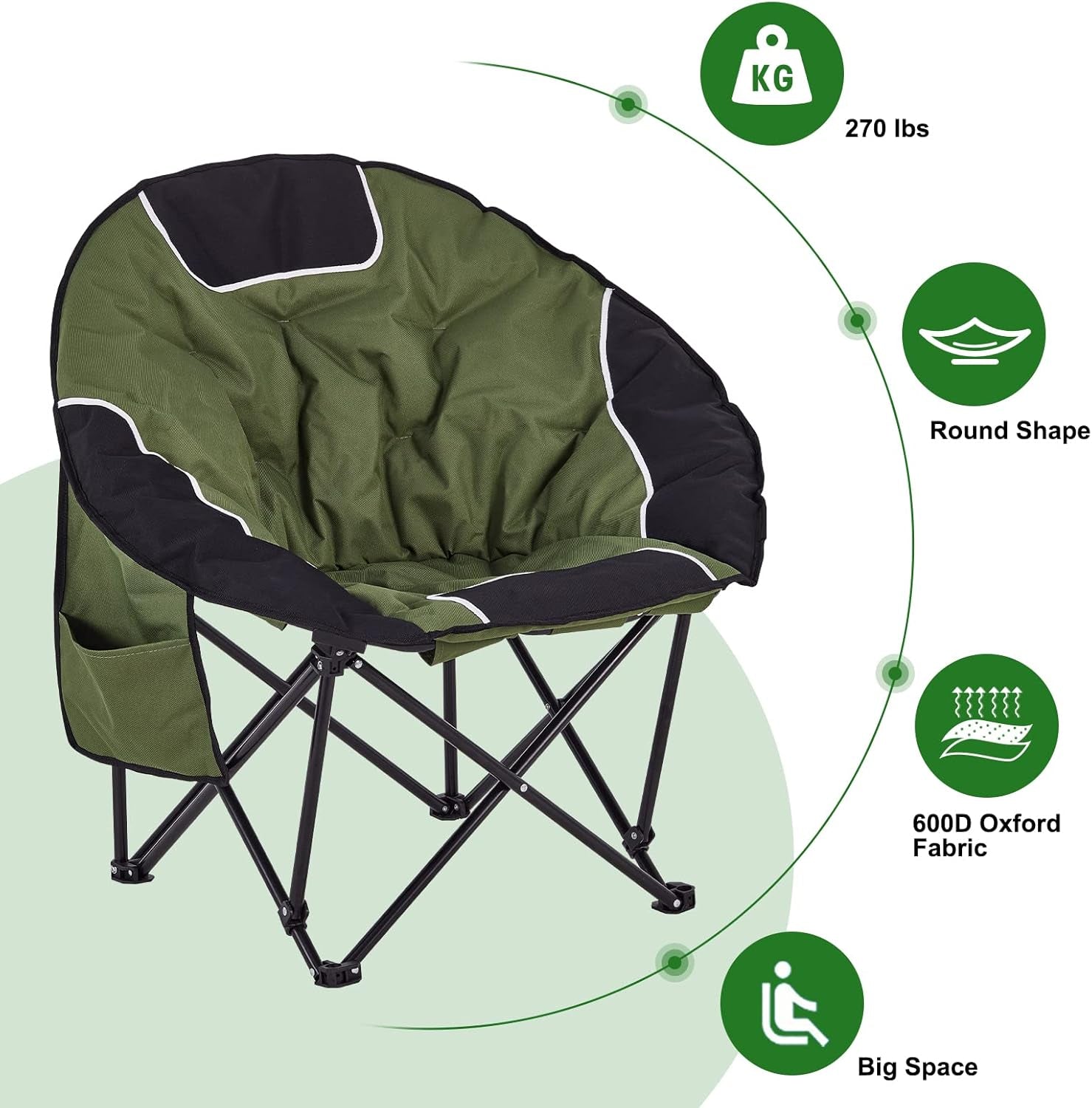 Oversized Moon Chairs Camping Chair round Chair Folding Portable Outdoor Chair with Storage Bag, Green