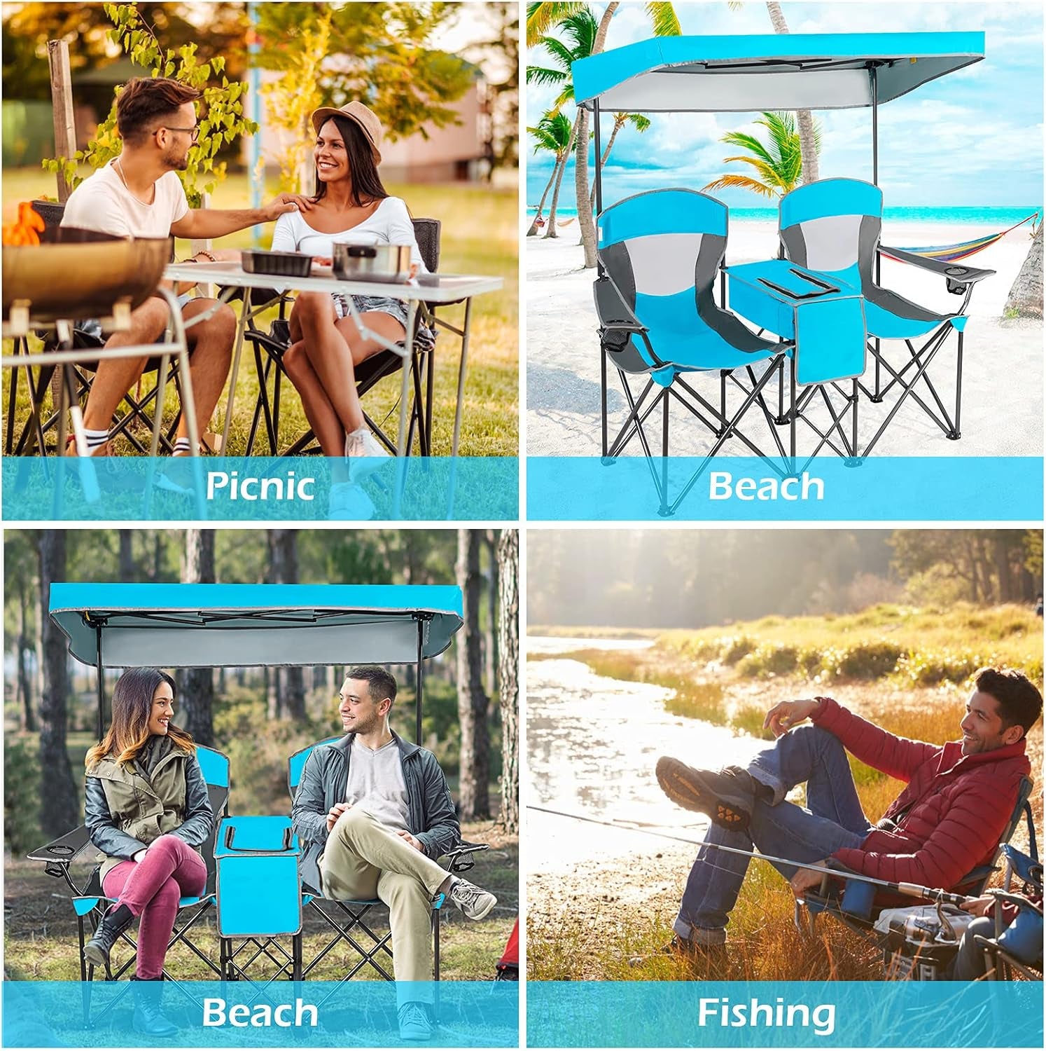 Double Beach Chair with Canopy Shade, Folding Lawn Camping Chairs with Sunshade & Mini Table Beverage Holder & Carrying Bag for Outdoor Travel Hiking Fishing Poolside