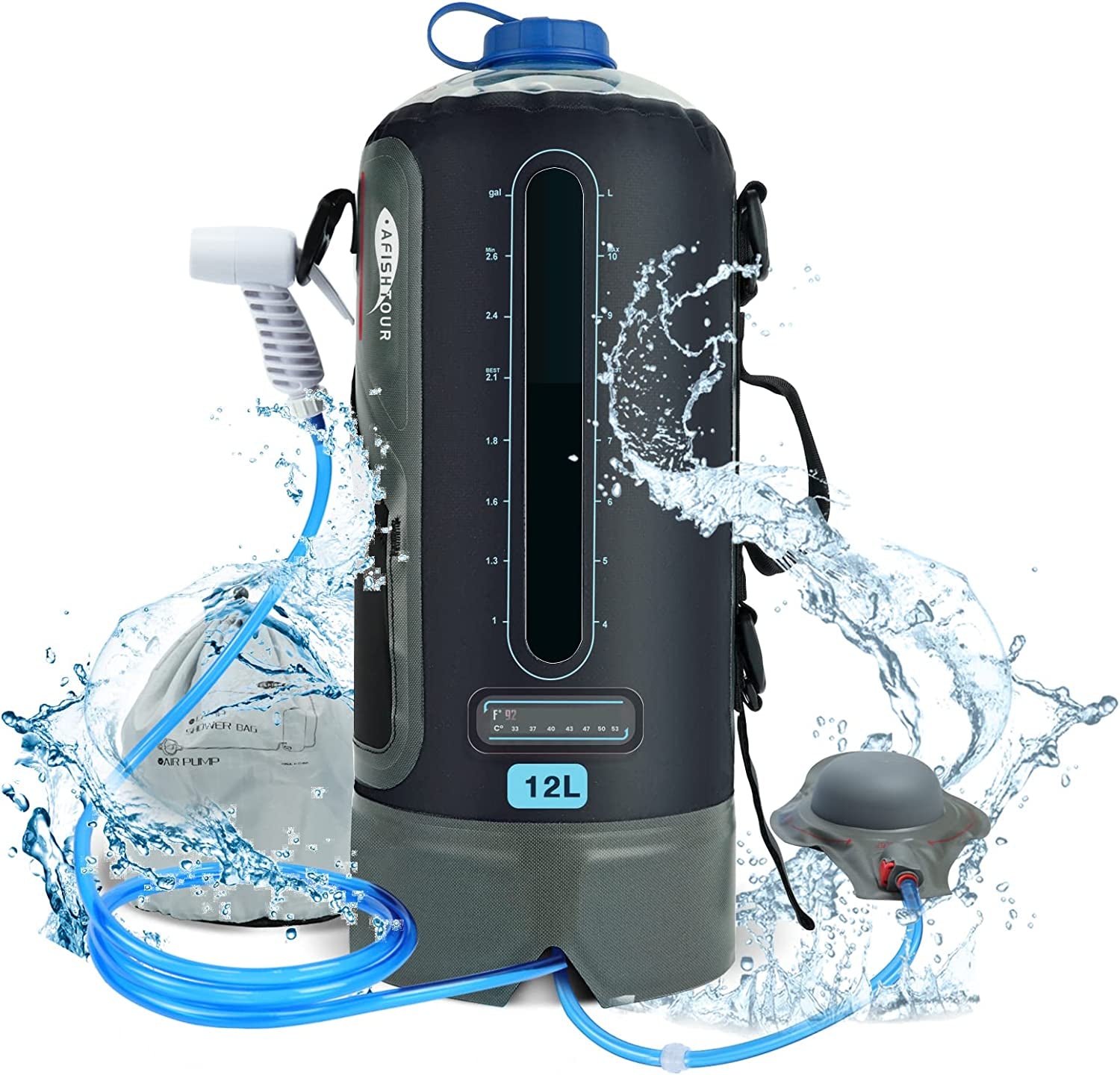 Portable Camping Shower Bag - 12L/3.17 Gallons Solar Shower Water Bag with Foot Pump and Shower Head - Camp Shower for Camping, Beach, Travel, Outdoor Activities