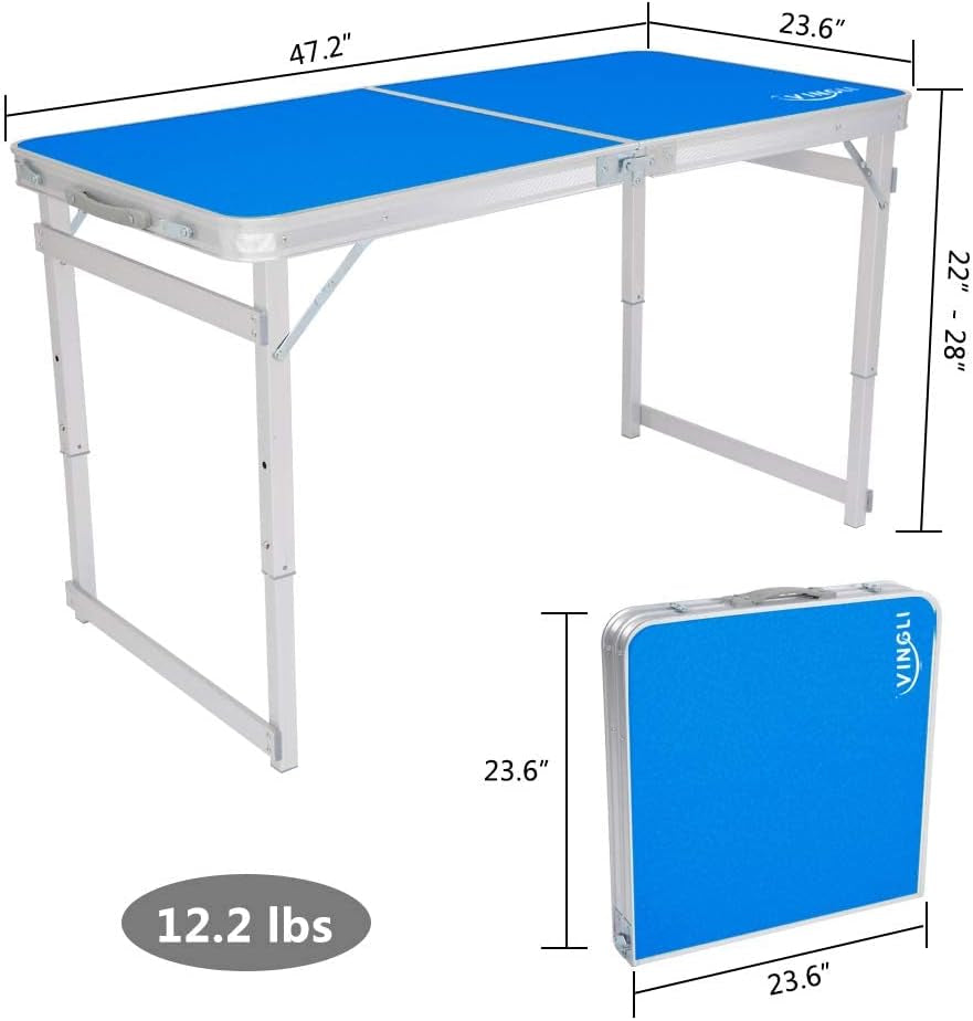 4FT Folding Table with Carrying Handle Suitcase Table Height Adjustable Pop up Collapsible Lightweight Portable for Indoor Outdoor Picnic, Tailgating Camping, Hiking, Fishing, BBQ …