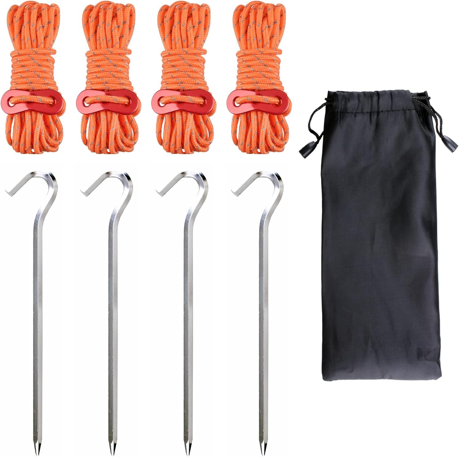 Camping Tent Stakes Pegs Metal Stake for Ground with Reflective Guylines Guy Rope Adjusters Tensioner Hiking Backpacking (Orange - 4 Pack)