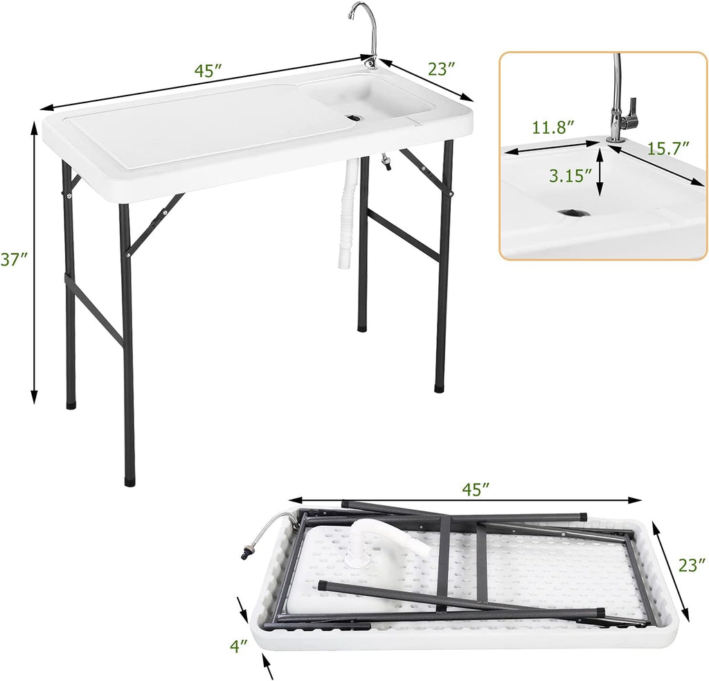 Fish Cleaning Table, Portable Camping Sink with Faucet, Outdoor Picnic Foldable Washing Table, White