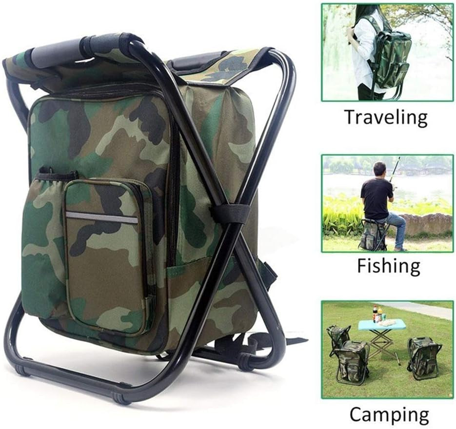 Backpack Chair Foleable Camping Fishing Stool with Cooler Insulated Bags Multifunction Hunting Backpack Chair Stool for Outdoor Hiking Ice Fishing(Camouflage)
