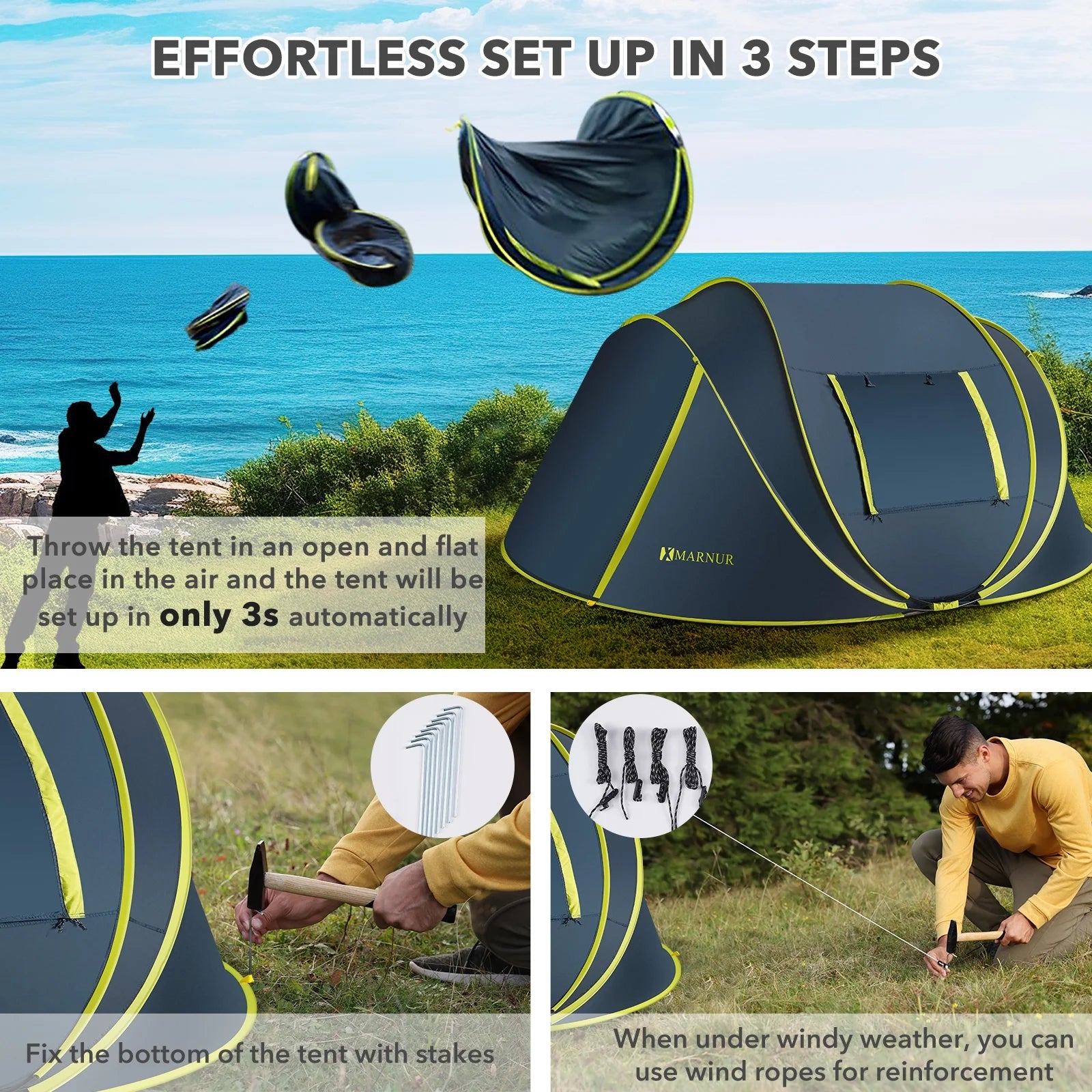 Instant Tent 4-Person Camp Tent, Auto Setup Pop up Tent, Waterproof, Huge Door & Windows, Dark Blue