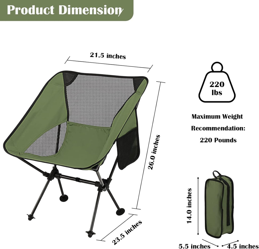 Ultralight Camping Chair, Outdoor Compact Folding Chairs, Camp Chair Supports 220 Lbs with Side Pockets, Quick Setup Backpacking Chairs for Camping, BBQ, Beach, Travel, Picnic (Red)