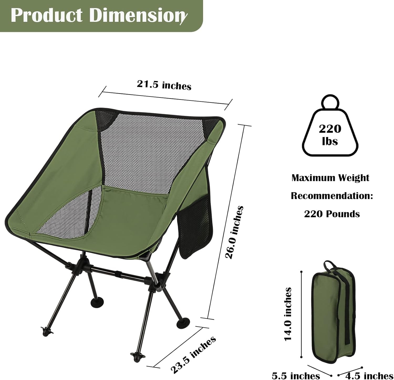Ultralight Camping Chair, Outdoor Compact Folding Chairs, Camp Chair Supports 220 Lbs with Side Pockets, Quick Setup Backpacking Chairs for Camping, BBQ, Beach, Travel, Picnic (Black)