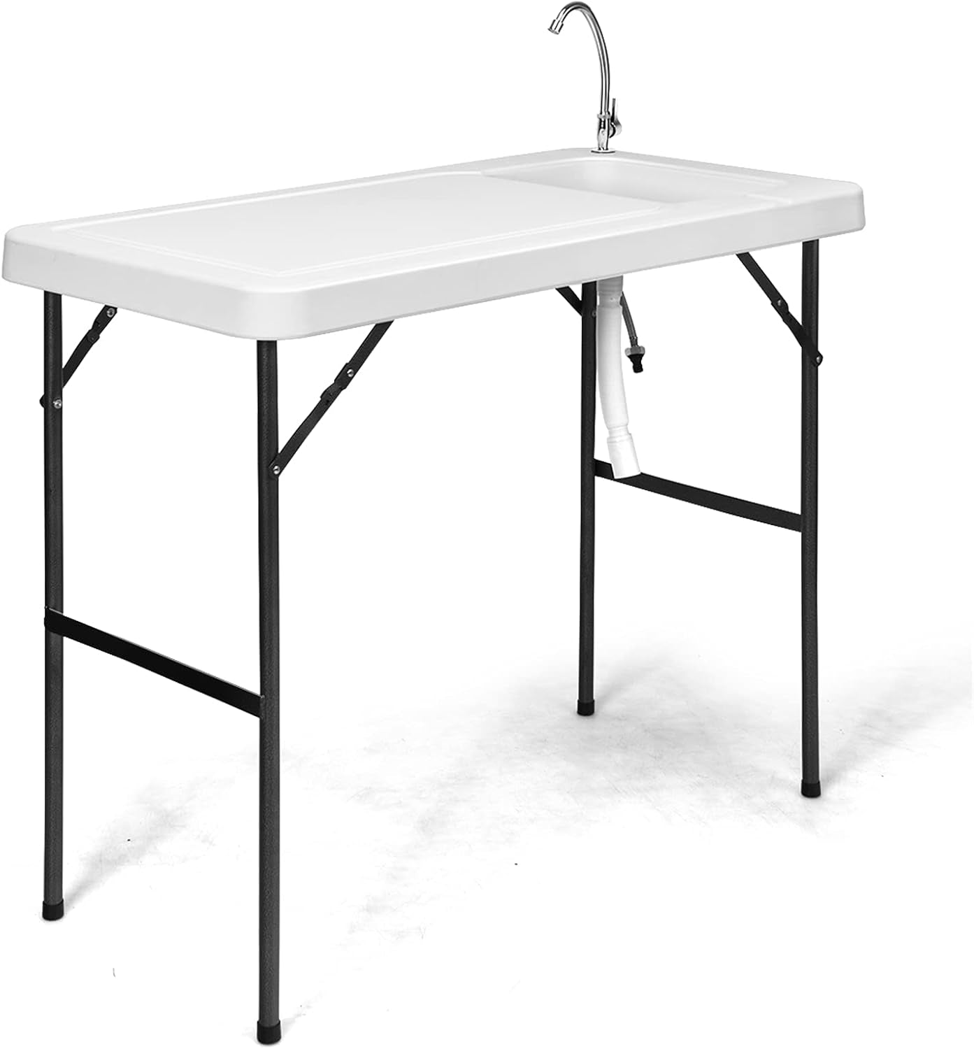 Fish Cleaning Table, Portable Camping Sink with Faucet, Outdoor Picnic Foldable Washing Table, White