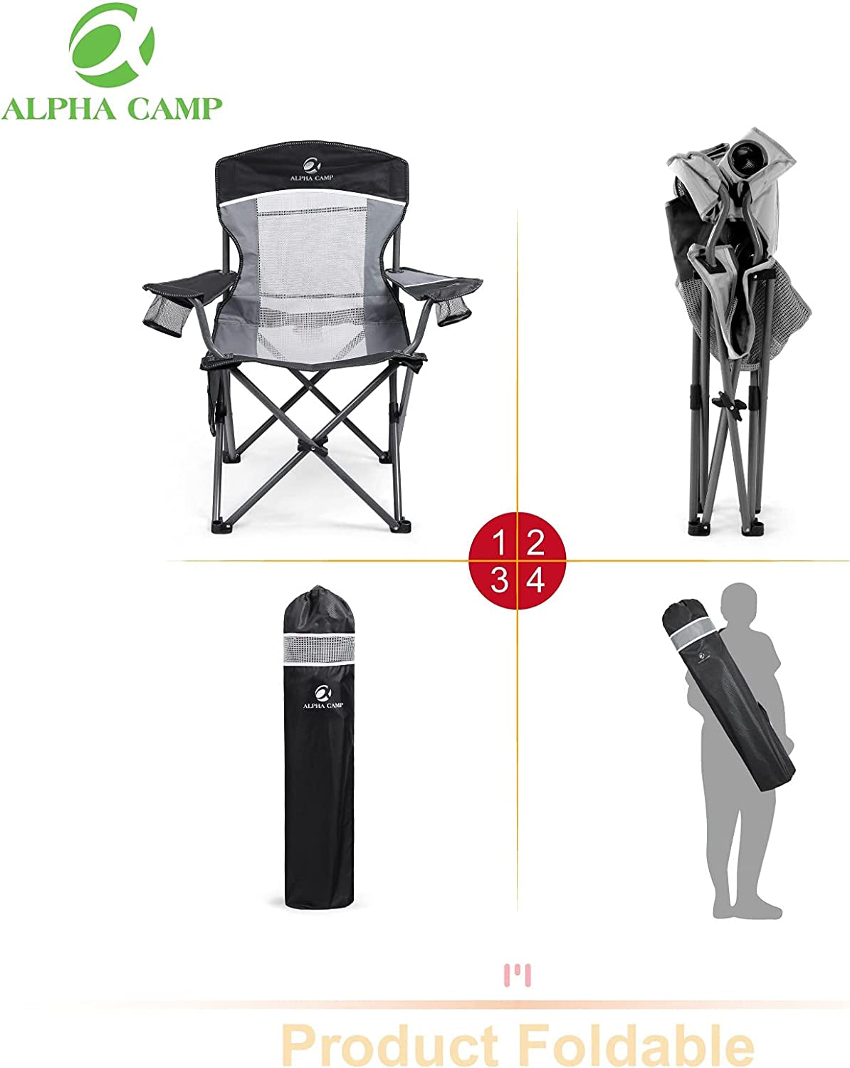 Mesh Back Camping Chair Portable Folding Heavy Duty Outdoor Large Chair Support 330 LBS Durable Large Arm Chair with Cup Holder and Carry Bag for Camp, Fishing, Hiking