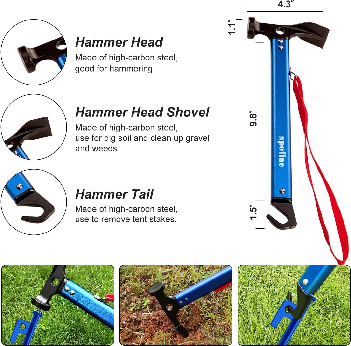 Tent Stakes, 6Pcs Heavy Duty Tent Stakes Metal with Tent Hammer 13Ft Reflective Ropes, Camping Accessories Kit with Tent Pegs Aluminum Mallet Storage Bag for Camping Hiking Backpacking