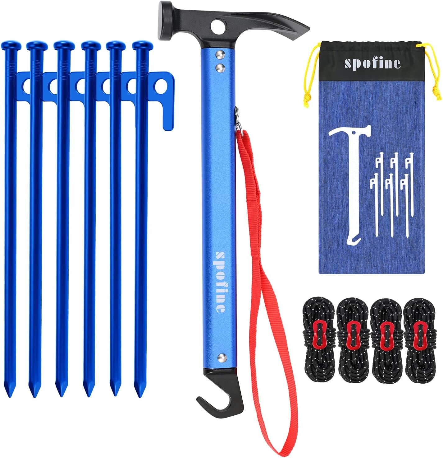 Tent Stakes, 6Pcs Heavy Duty Tent Stakes Metal with Tent Hammer 13Ft Reflective Ropes, Camping Accessories Kit with Tent Pegs Aluminum Mallet Storage Bag for Camping Hiking Backpacking