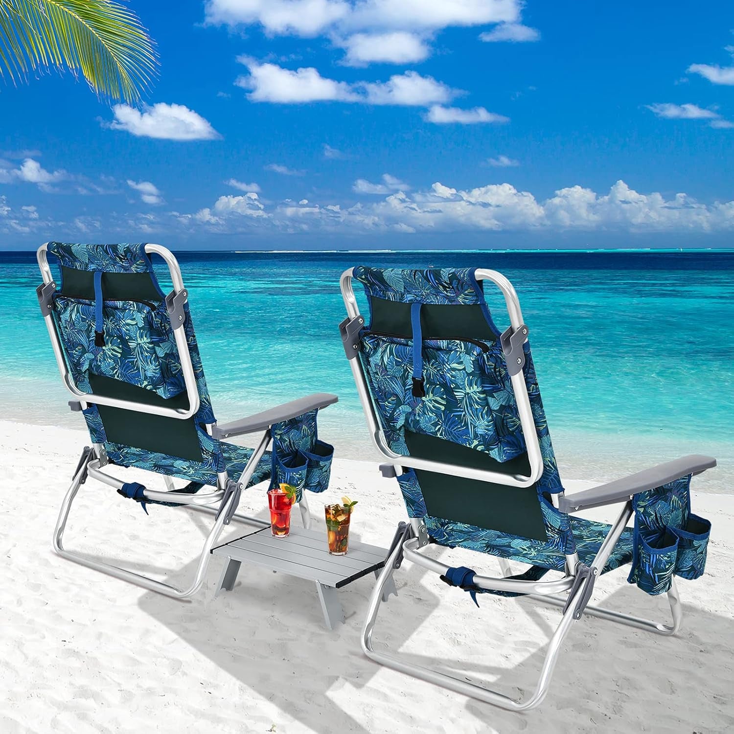 Beach Chair, Folding Backpack Beach Chairs for Adults with 5 Positions, Head Pillow, Cooler Bag, Towel Bar, Cup Holders, Sunbath Sling Tanning Lounge, Foldable Layout Camping Chairs