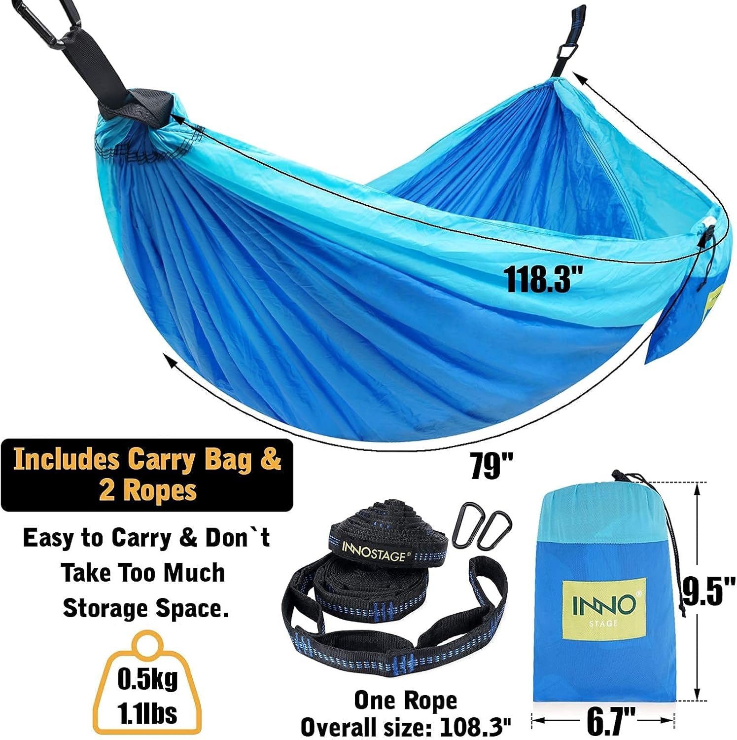 INNO STAGE Camping Hammock - Portable Hammocks Double with 2 Tree Straps, Lightwight Camping Gear for Hiking, Backpacking, Hunting, Outdoor, Beach - Blue