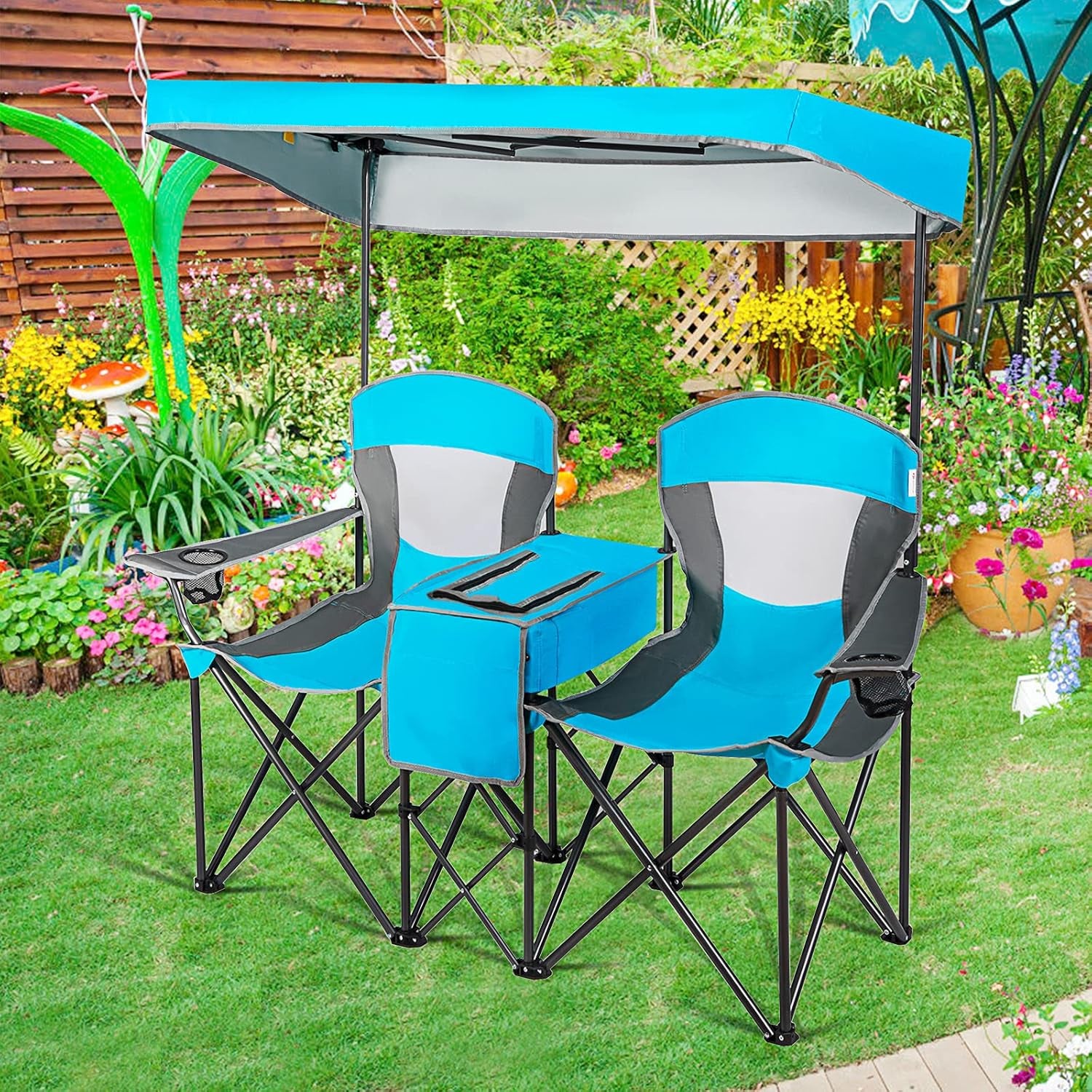 Double Beach Chair with Canopy Shade, Folding Lawn Camping Chairs with Sunshade & Mini Table Beverage Holder & Carrying Bag for Outdoor Travel Hiking Fishing Poolside