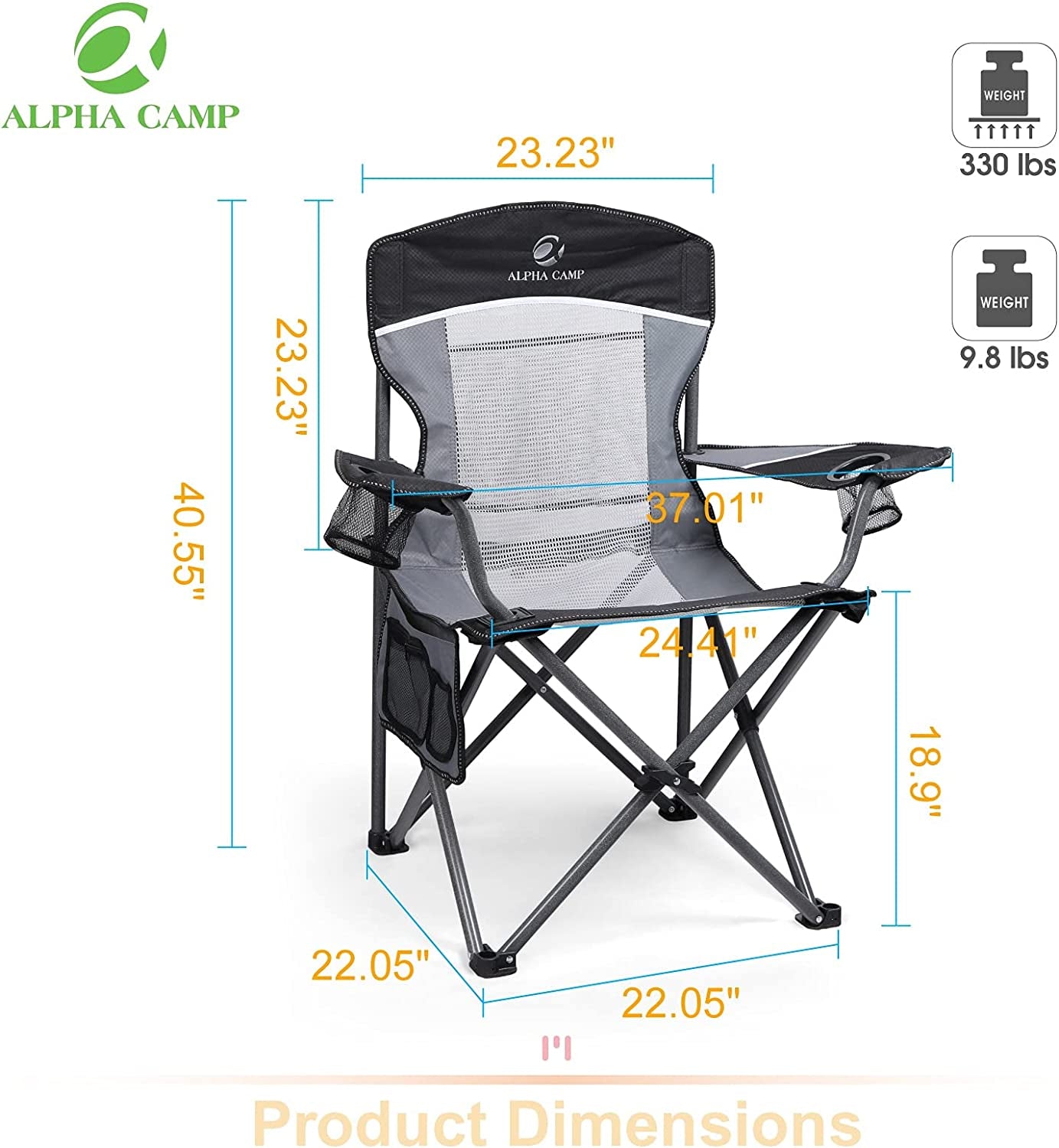 Mesh Back Camping Chair Portable Folding Heavy Duty Outdoor Large Chair Support 330 LBS Durable Large Arm Chair with Cup Holder and Carry Bag for Camp, Fishing, Hiking