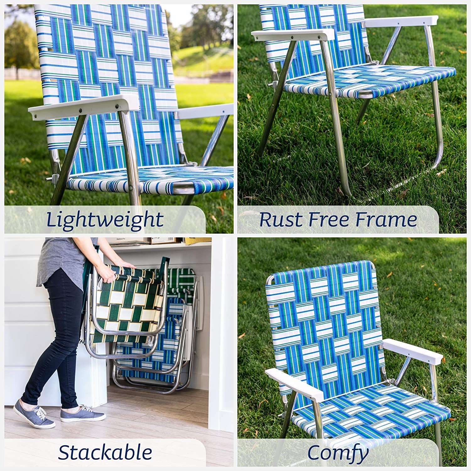 | Folding Aluminum Webbed Chair for Camping, Sports, and Beach | Classic - Blue Wave with White Arms