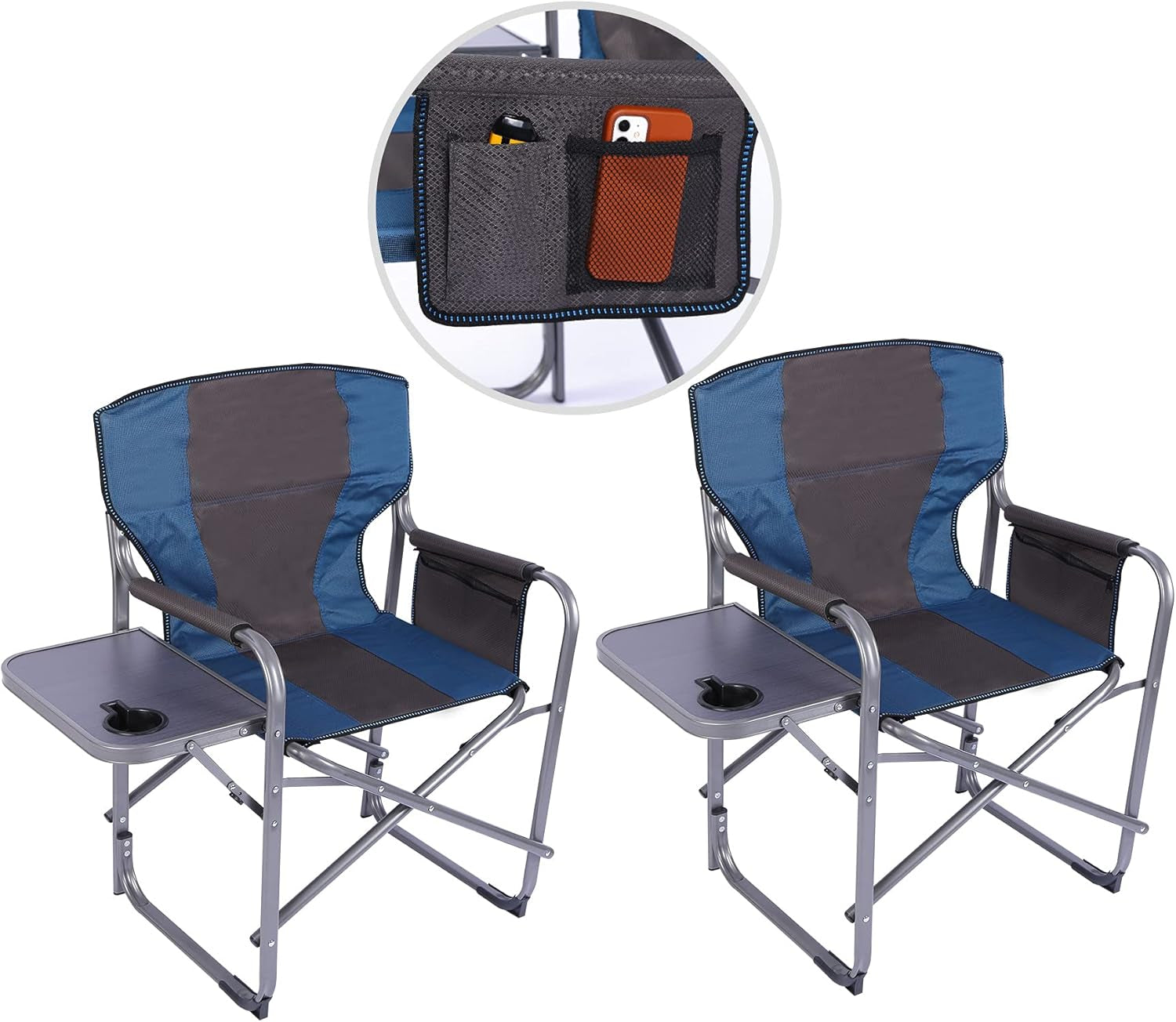 Oversized Camping Chairs for Adults 2 Pack, Sturdy Heavy Duty Folding Director Chair with Side Table, Portable for Outdoor outside Sport Lawn, Blue 2 Pack