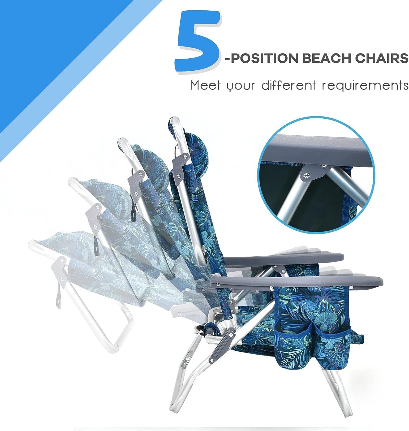 Beach Chair, Folding Backpack Beach Chairs for Adults with 5 Positions, Head Pillow, Cooler Bag, Towel Bar, Cup Holders, Sunbath Sling Tanning Lounge, Foldable Layout Camping Chairs