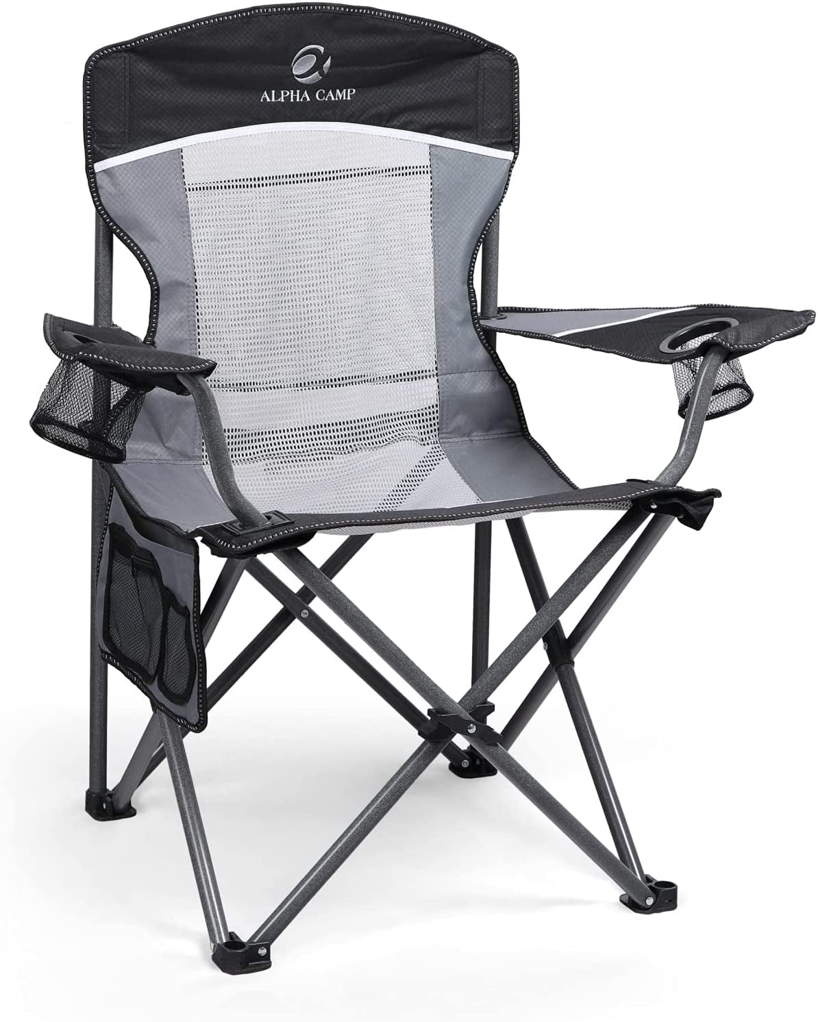Mesh Back Camping Chair Portable Folding Heavy Duty Outdoor Large Chair Support 330 LBS Durable Large Arm Chair with Cup Holder and Carry Bag for Camp, Fishing, Hiking