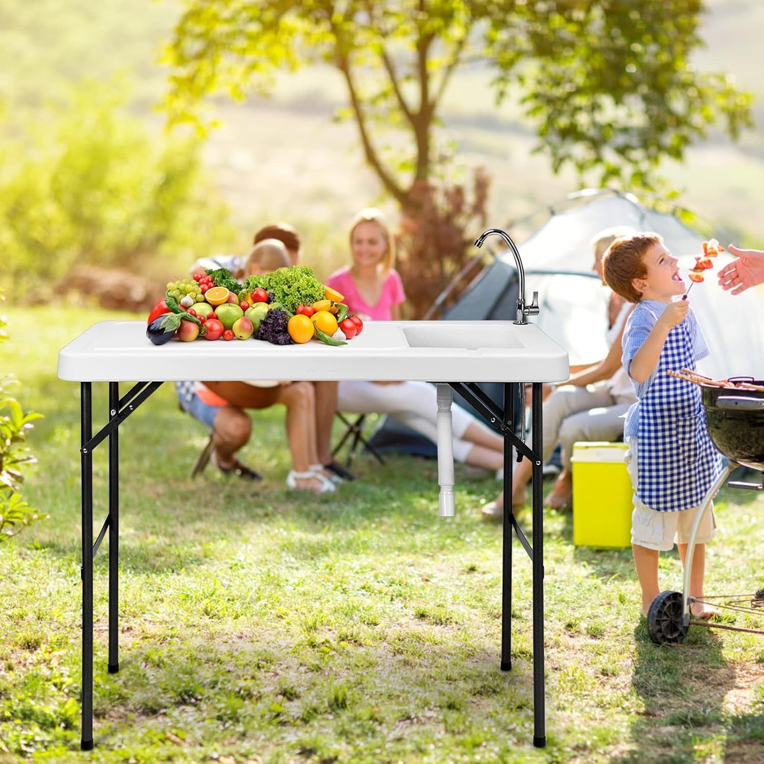 Fish Cleaning Table, Portable Camping Sink with Faucet, Outdoor Picnic Foldable Washing Table, White