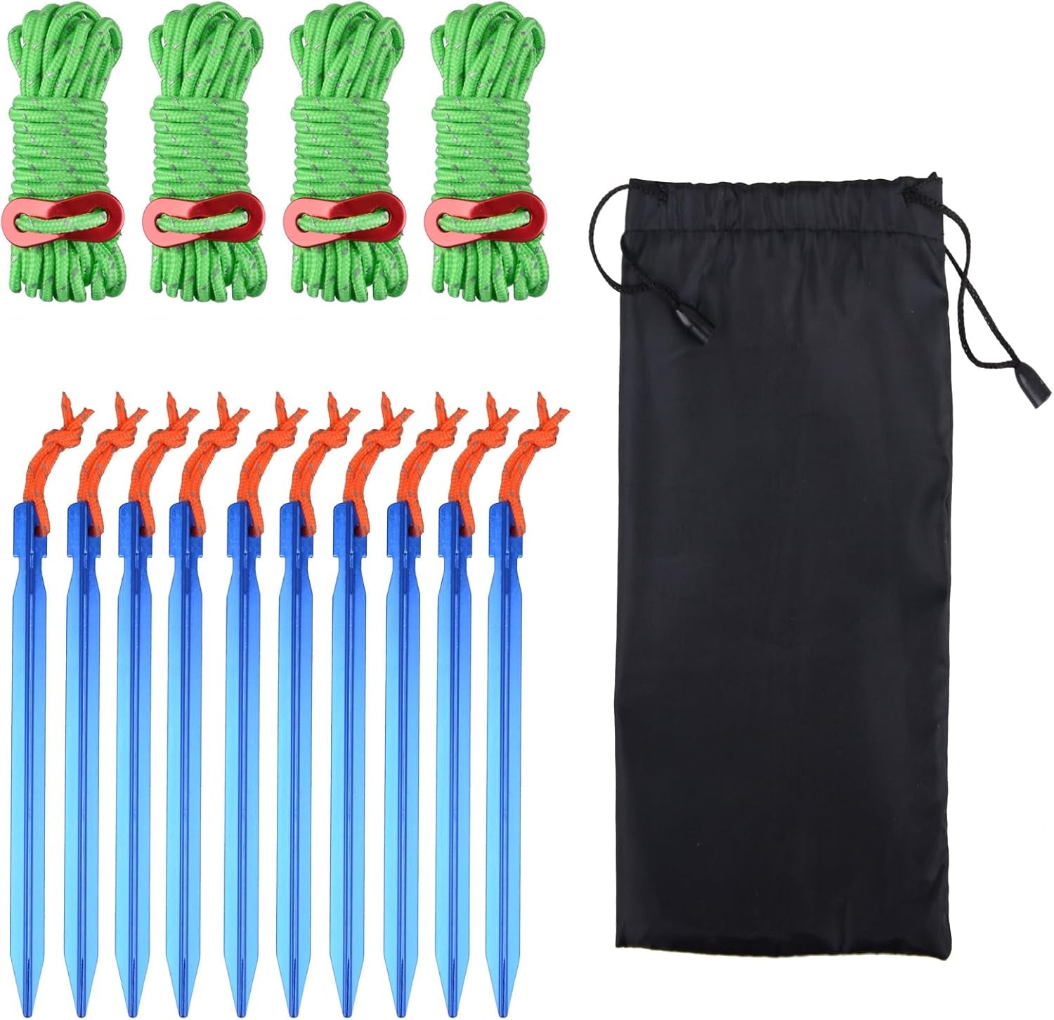 Aluminum Tent Stakes Pegs & Reflective Guylines with Tent Cord Tensioners for Camping, Hiking, Backpacking (Green)