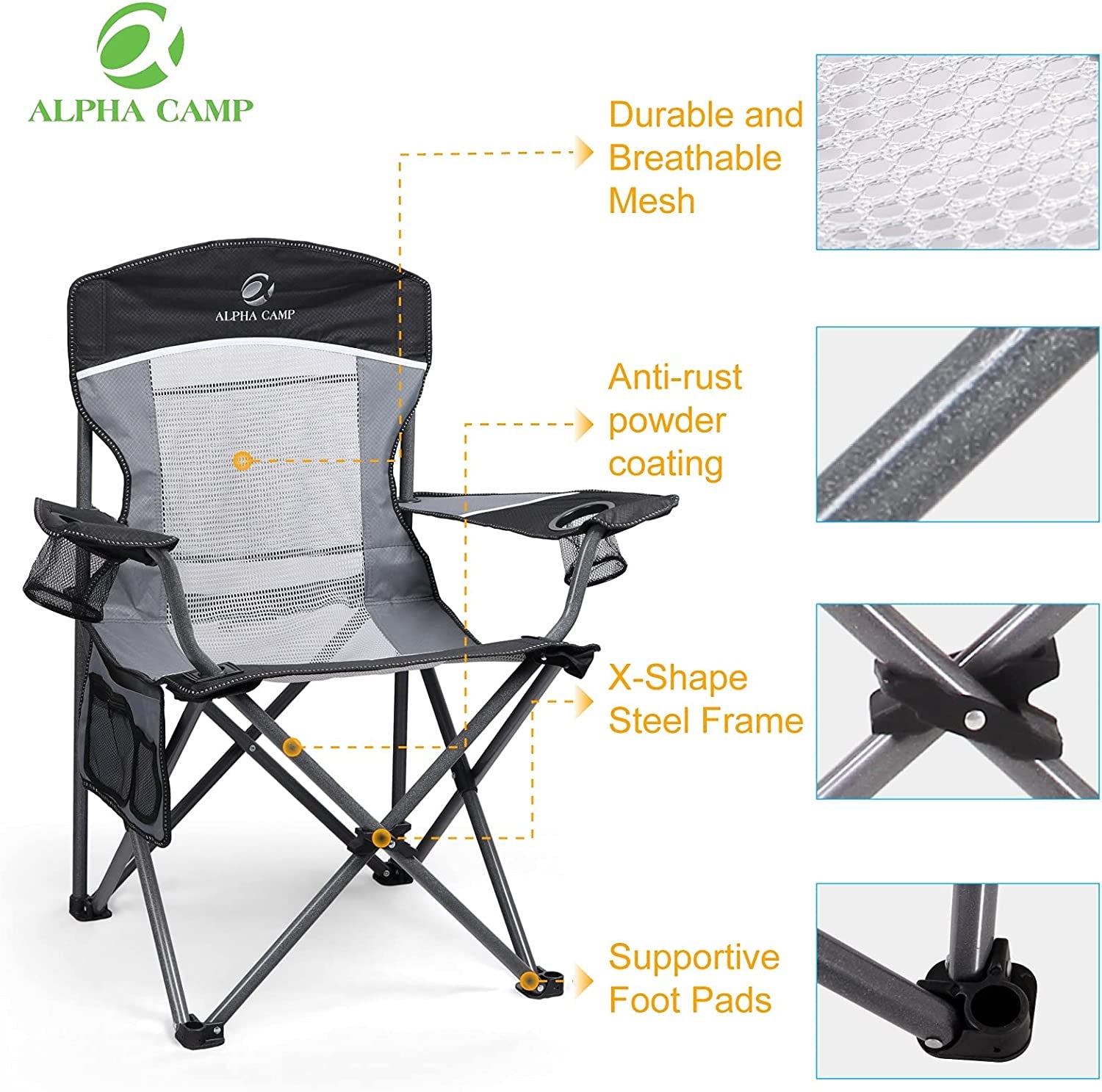 Mesh Back Camping Chair Portable Folding Heavy Duty Outdoor Large Chair Support 330 LBS Durable Large Arm Chair with Cup Holder and Carry Bag for Camp, Fishing, Hiking