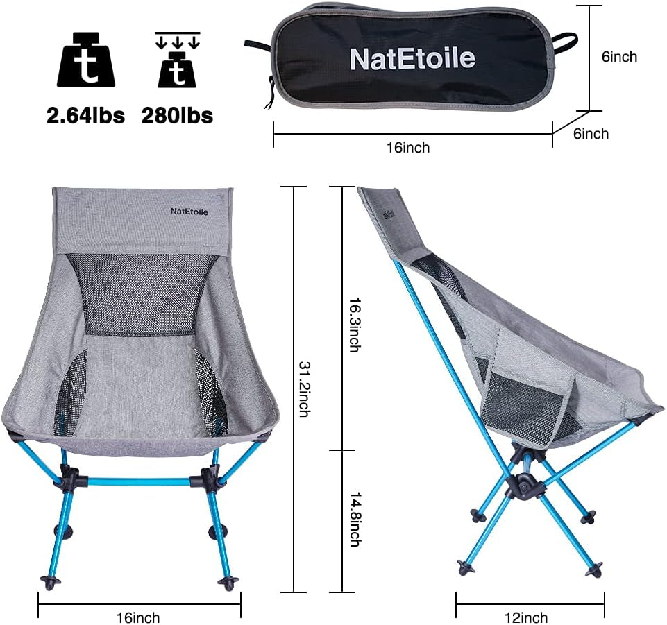 Camping Chair Foldable, Ultralight Portable Outdoor Camp Chair with High Back and Side Pockets, Comapct Portable Chair, Lawn Chair
