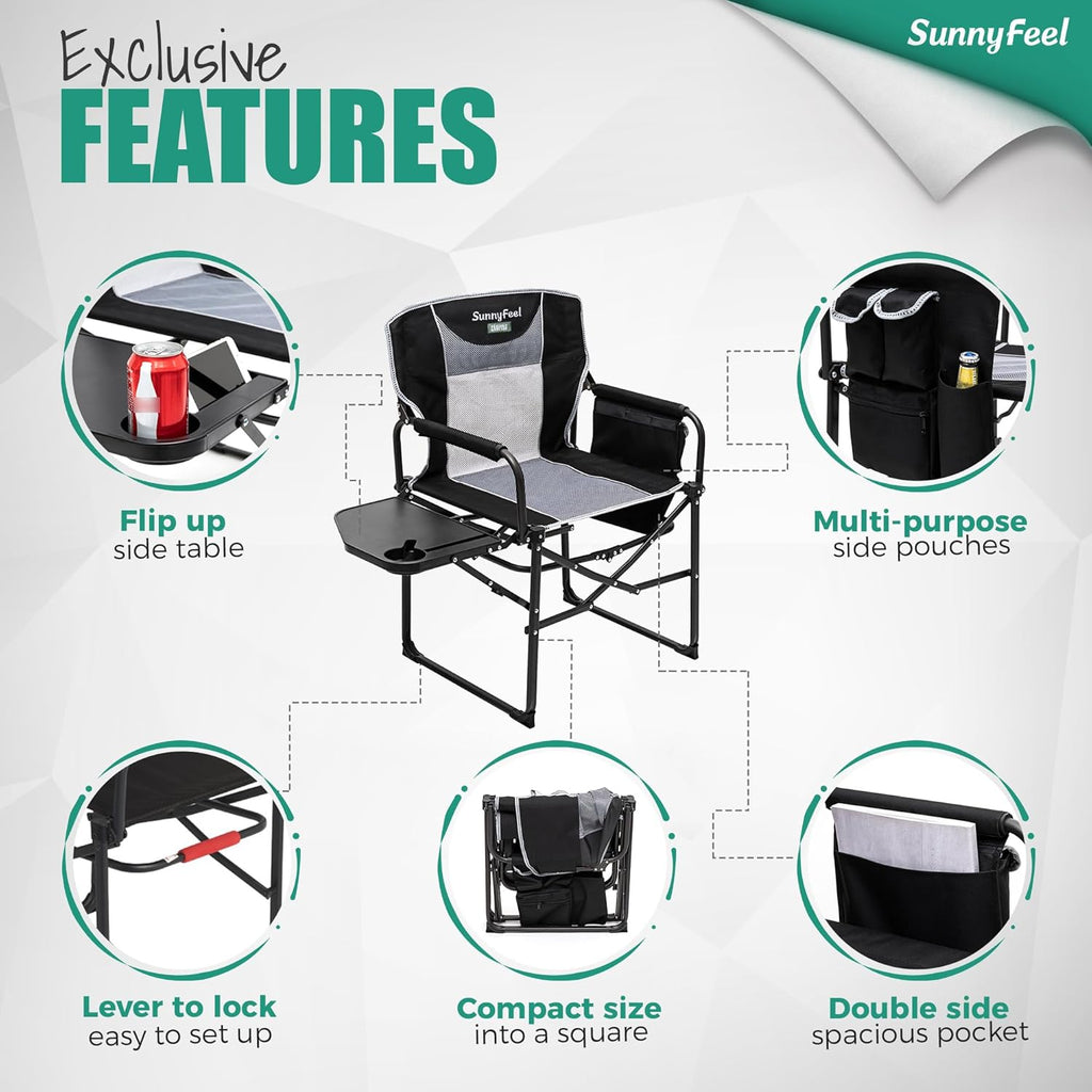 Camping Directors Chair, Heavy Duty,Oversized Portable Folding Chair with Side Table, Pocket for Beach, Fishing,Trip,Picnic,Lawn,Concert Outdoor Foldable Camp Chairs