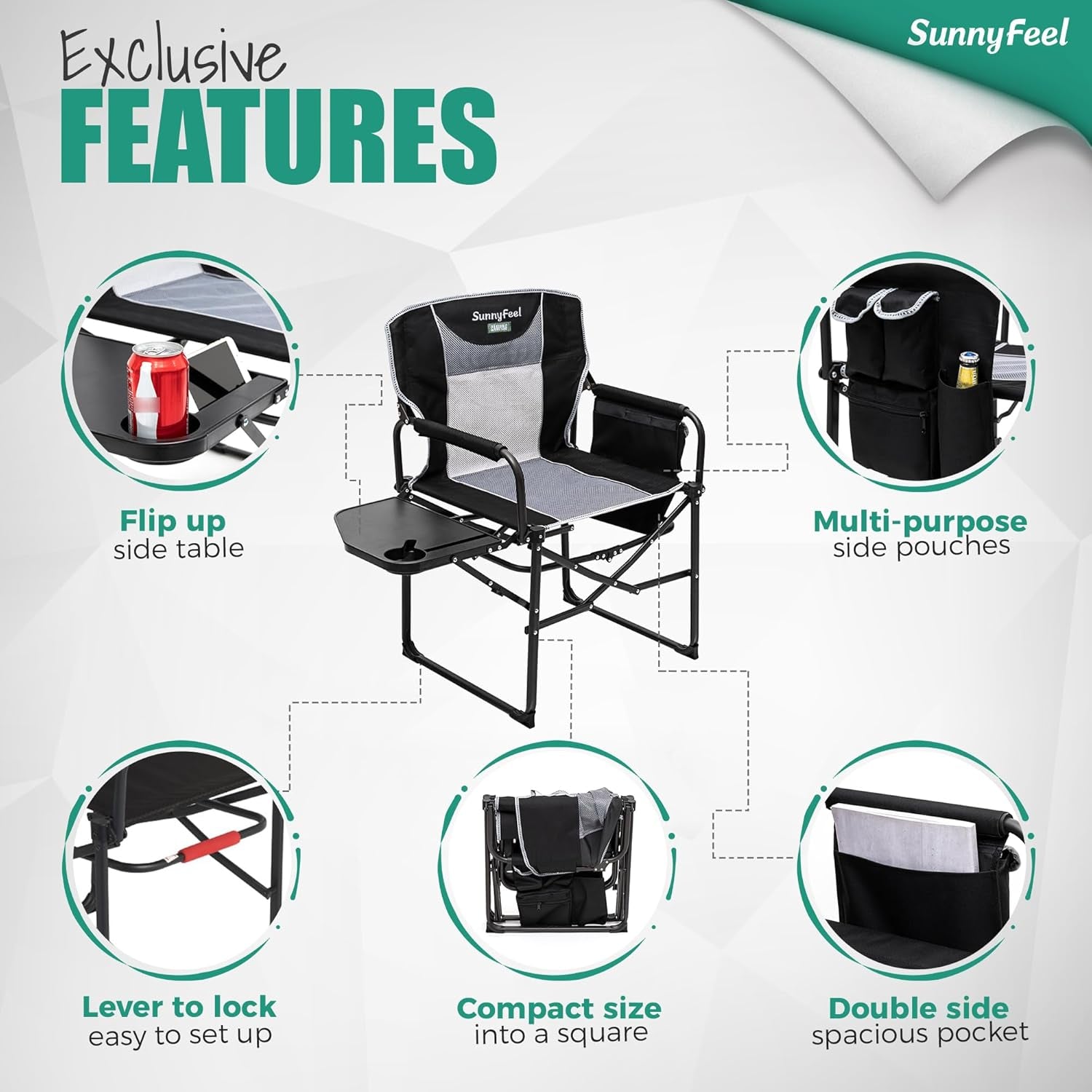 Camping Directors Chair, Heavy Duty,Oversized Portable Folding Chair with Side Table, Pocket for Beach, Fishing,Trip,Picnic,Lawn,Concert Outdoor Foldable Camp Chairs