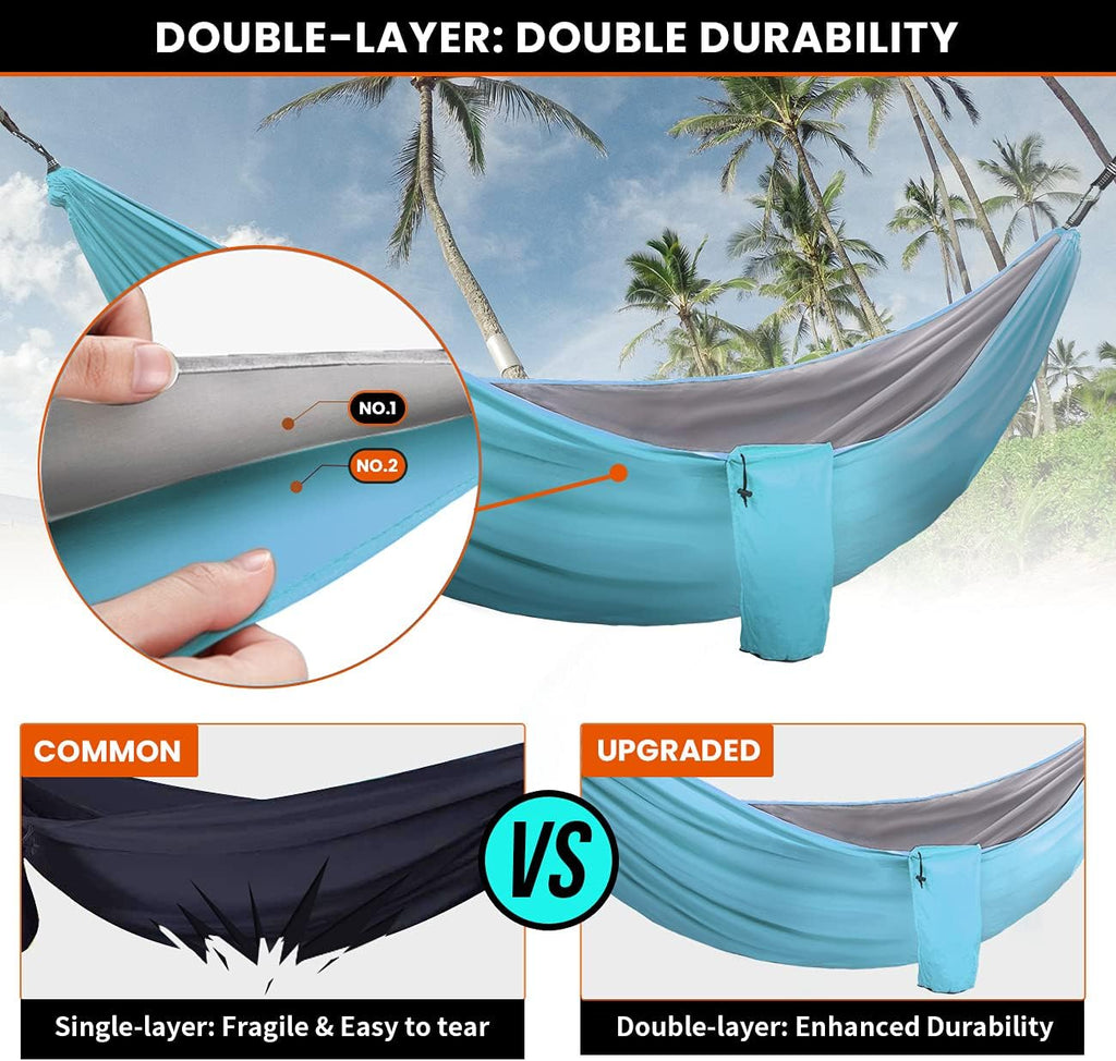 Double Layers Outdoor Hammock with Tree Straps German TUV Certificated Portable Camping Hammock for Two Lightweight for Backpacking Hiking Sports Travel Max Load of 880Lbs Cyan and Grey