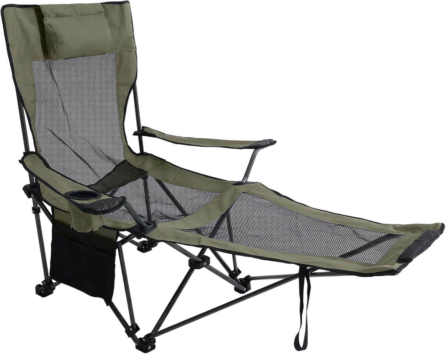 Folding Reclining Camping Chair Portable Camping Chair with Footrest, Storage Bag & Headrest, Army Green