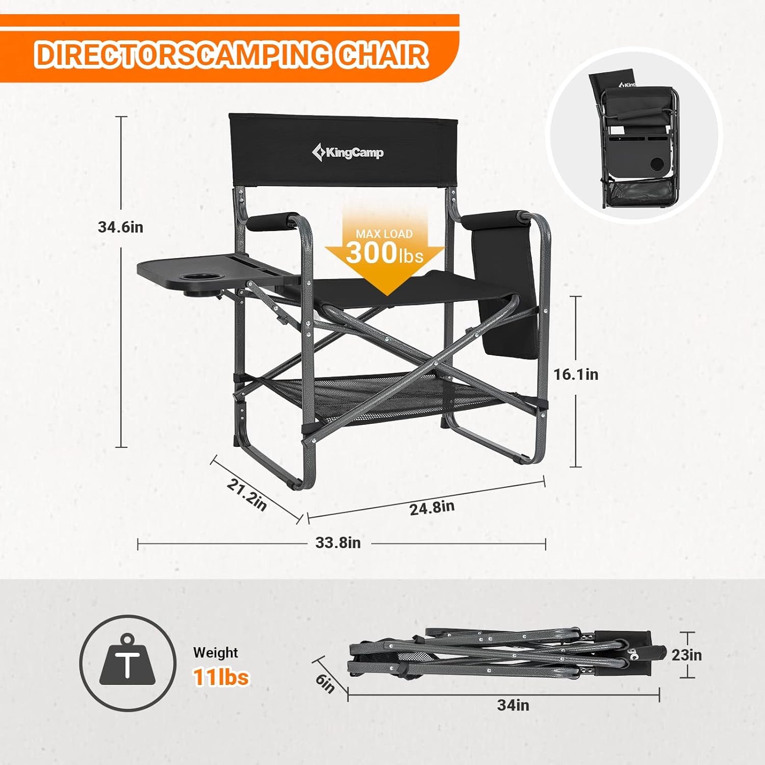 Directors Chair with Side Table, Portable Folding Camping Chairs 300Lbs Heavy Duty Seat with Pocket, Breathable Mesh Back & Compact Design for Camping Hiking Backpacking Fishing