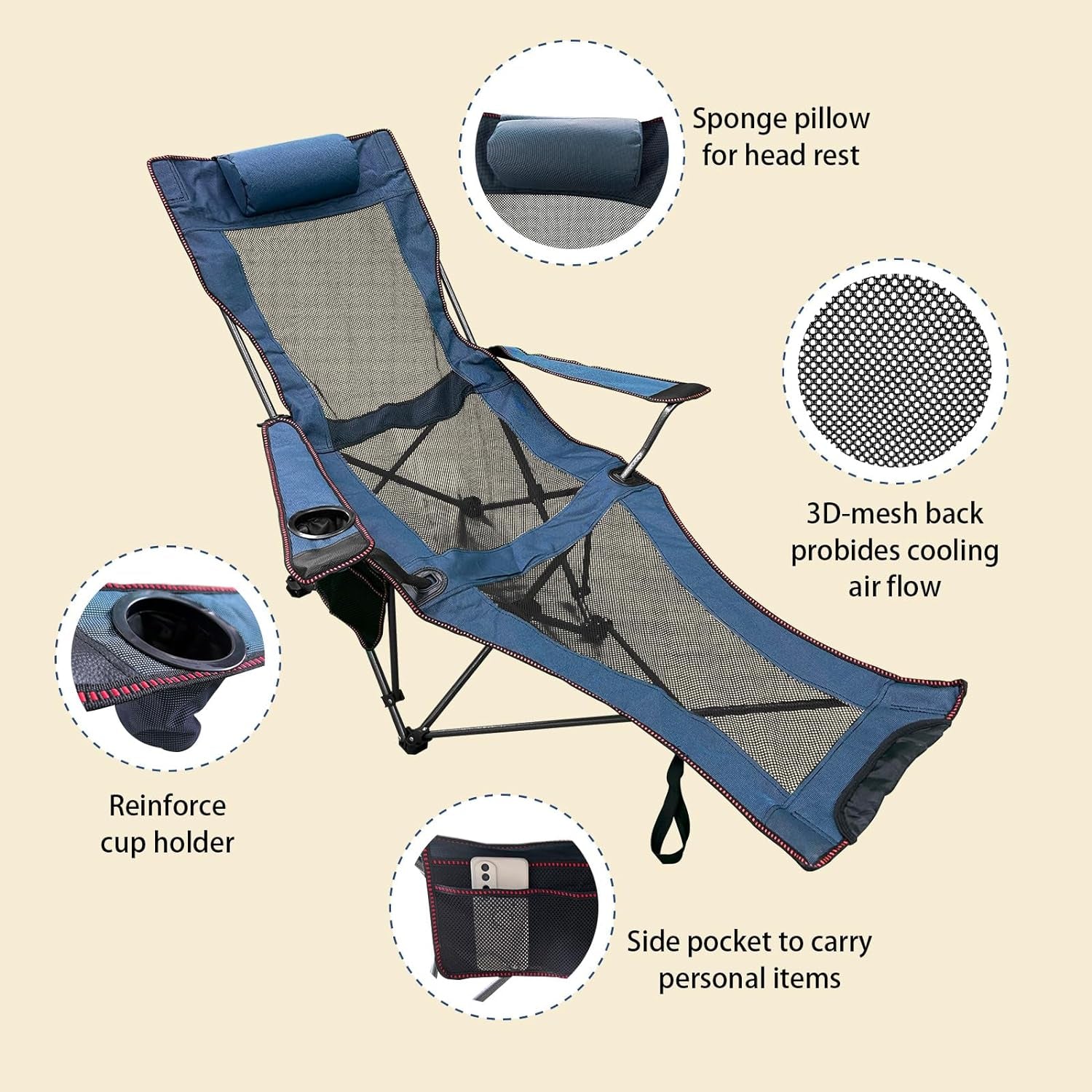Camping Recliner Camping Lounge Chair, Backpacking Folding Chair with Headrest, Footrest and Storage Bag for Outdoor Camping, BBQ, Large Weight Capacity