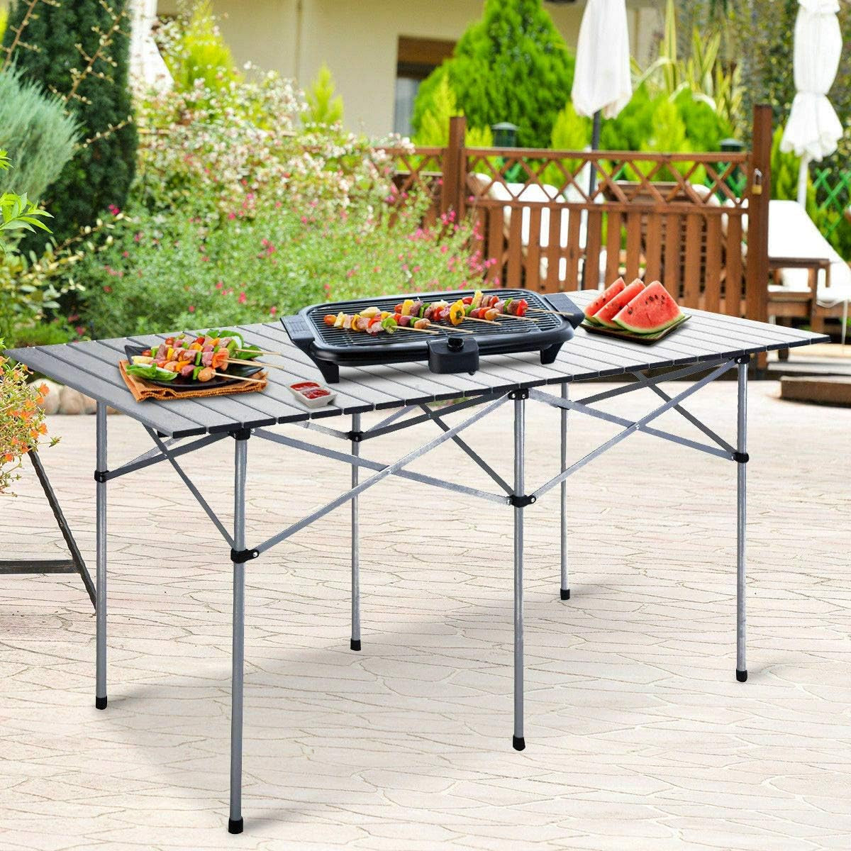Folding Camping Table, Portable Aluminium Picnic Table with Roll-Up Tabletop & Carrying Bag, Lightweight Grill Table for Outdoor Hiking, BBQ, Party, 55" L X 28" W X 28" H