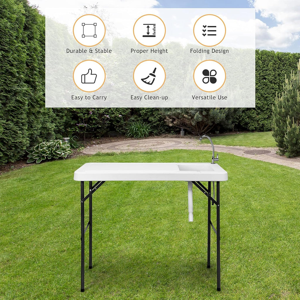 Fish Cleaning Table, Portable Camping Sink with Faucet, Outdoor Picnic Foldable Washing Table, White