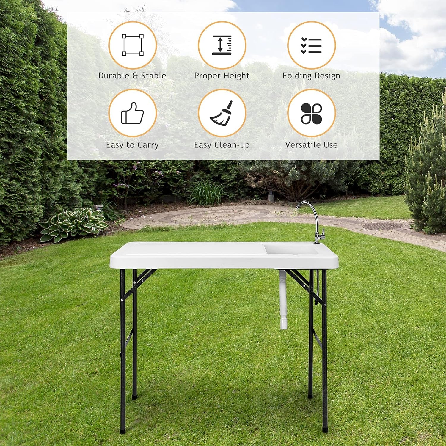 Fish Cleaning Table, Portable Camping Sink with Faucet, Outdoor Picnic Foldable Washing Table, White
