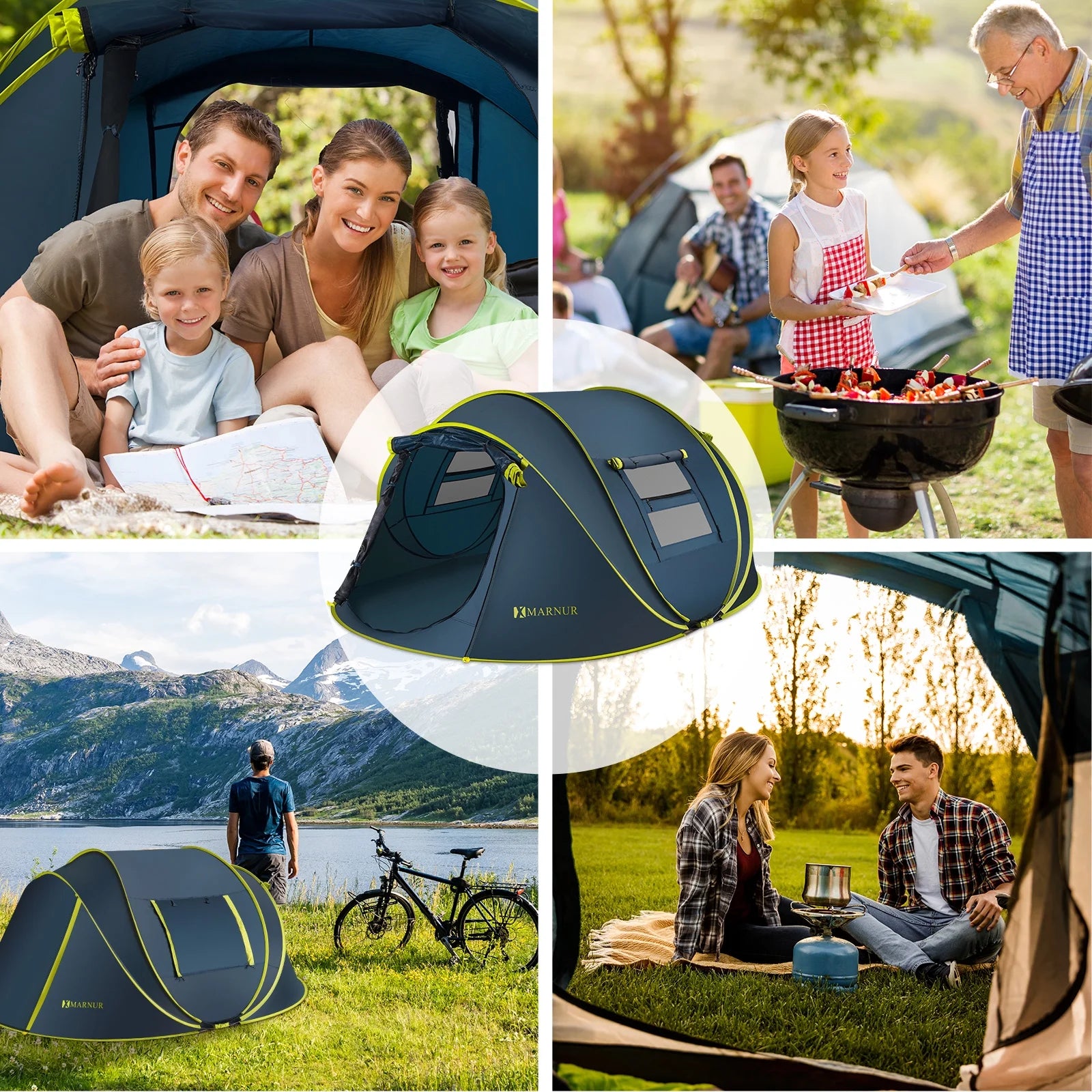 Instant Tent 4-Person Camp Tent, Auto Setup Pop up Tent, Waterproof, Huge Door & Windows, Dark Blue