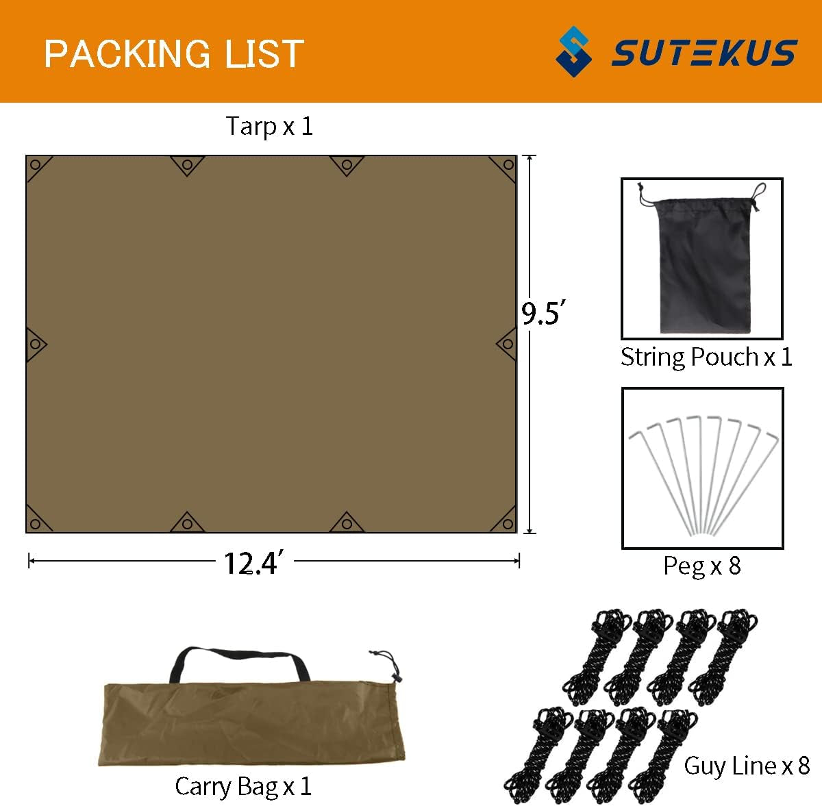 Camping Tarp Rain Fly Tarp Waterproof Tent Tarp Lightweight Ripstop Fabric 12FT Extra Large Tarp (Khaki)