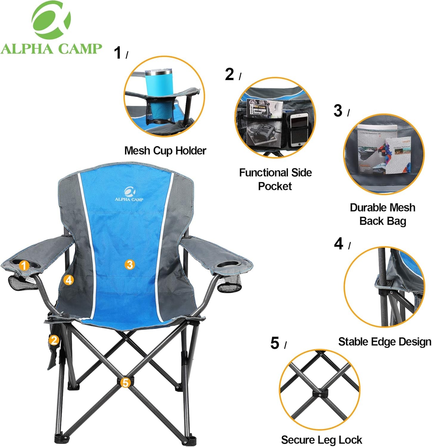 Oversized Outdoors Folding Camping Chair Heavy Duty Padded Arm Chair with Cup Holder and Storage Bag, 350 LBS Weight Capacity