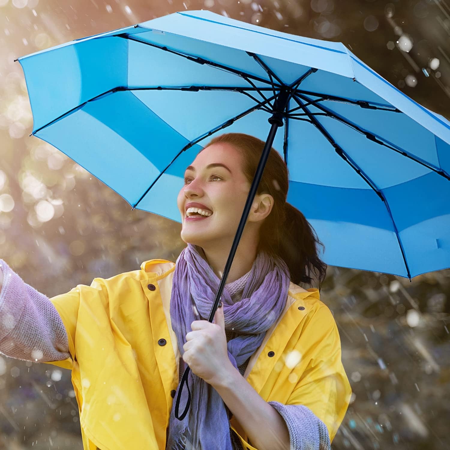 42 Inch Compact Travel Umbrella, Windproof Small Folding Backpack Umbrella for Rain, Auto Open and Close Button(Sky Blue)