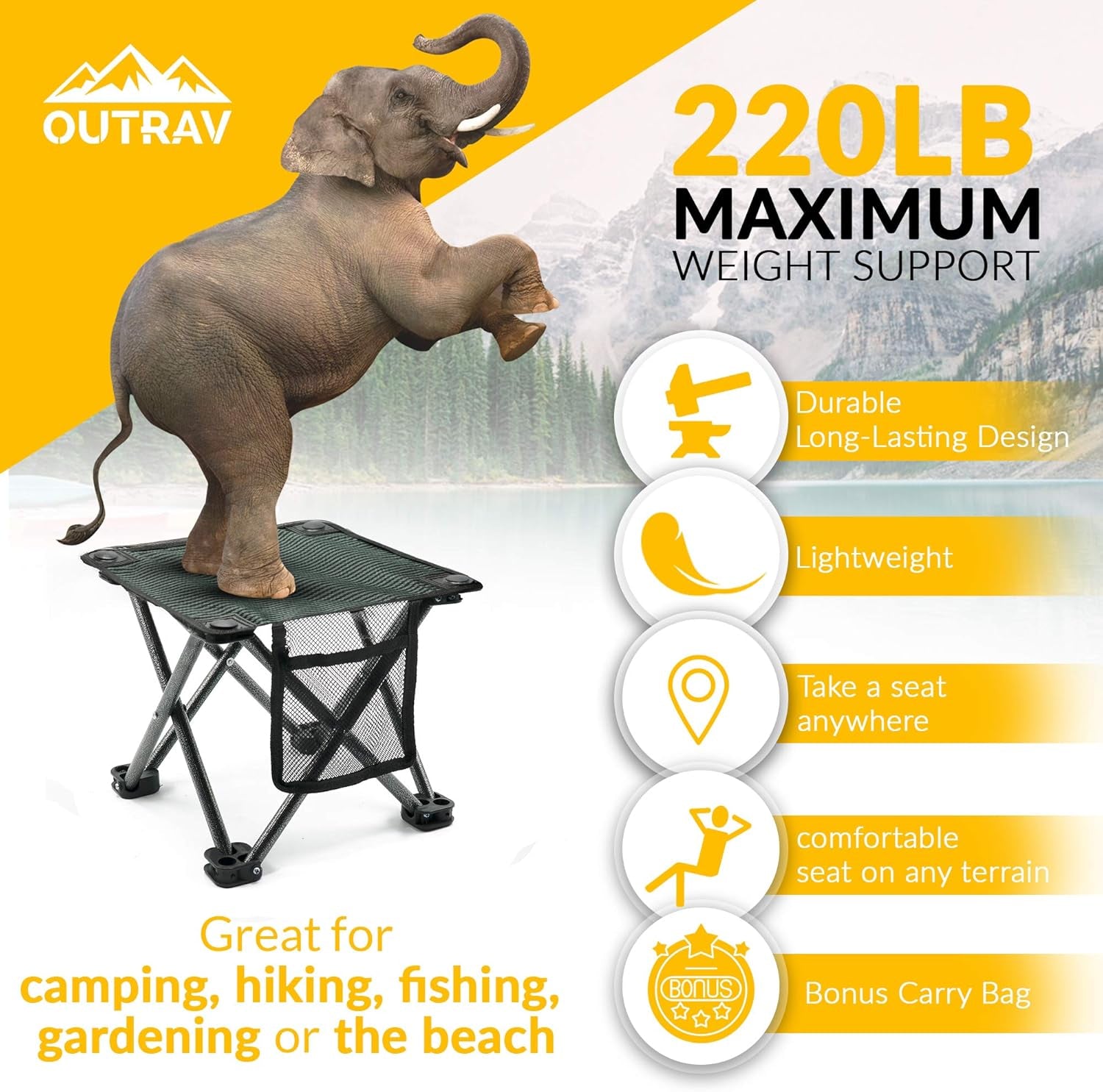 Camping Stool - Outdoor Travel Folding Small Chair - Portable Stool for Camping, Fishing, Hiking, Gardening, & Beach - Heavy Duty, Lightweight Easy to Carry Camping Seat with Carry Bag