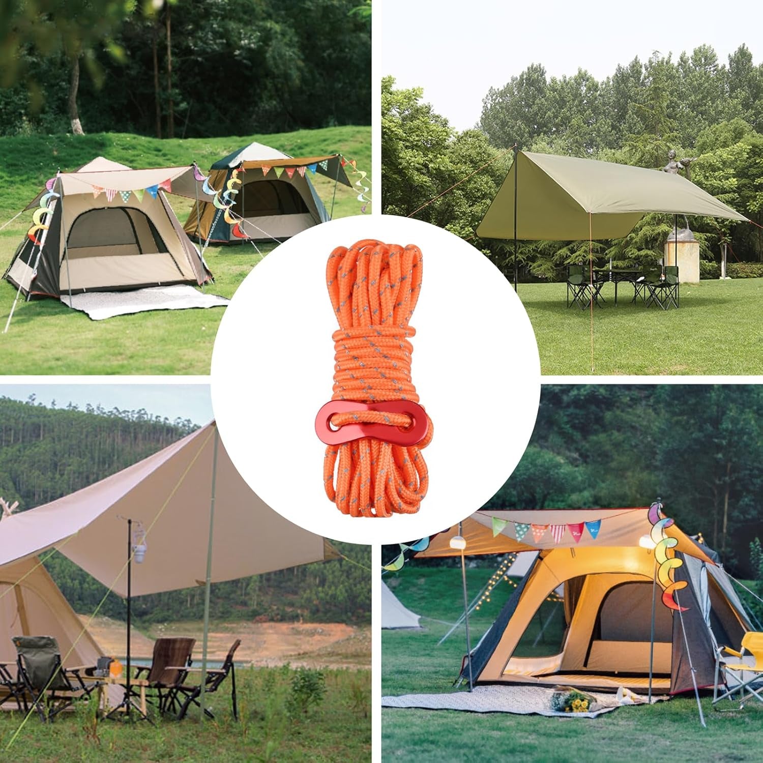 Camping Tent Stakes Pegs Metal Stake for Ground with Reflective Guylines Guy Rope Adjusters Tensioner Hiking Backpacking (Orange - 4 Pack)