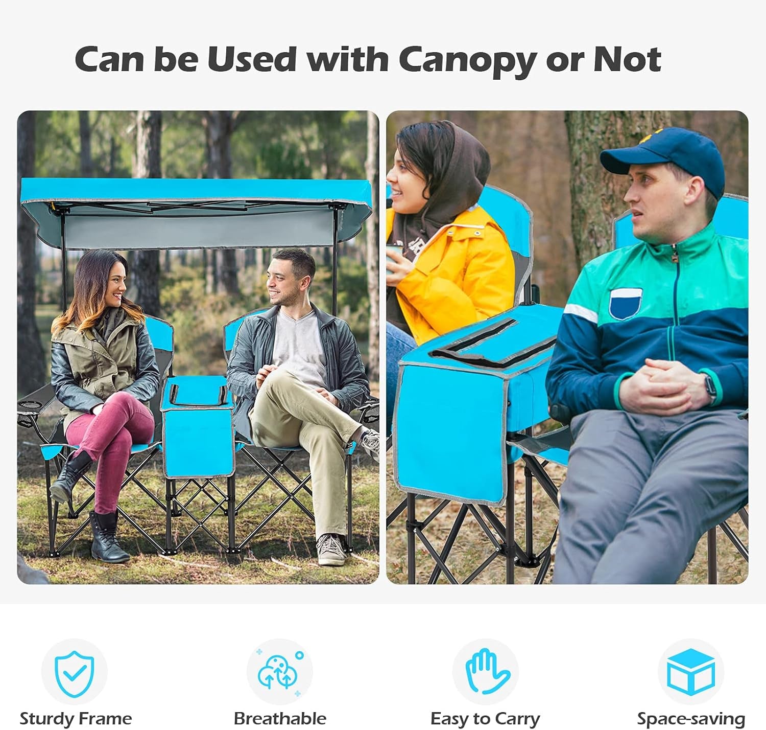 Double Beach Chair with Canopy Shade, Folding Lawn Camping Chairs with Sunshade & Mini Table Beverage Holder & Carrying Bag for Outdoor Travel Hiking Fishing Poolside