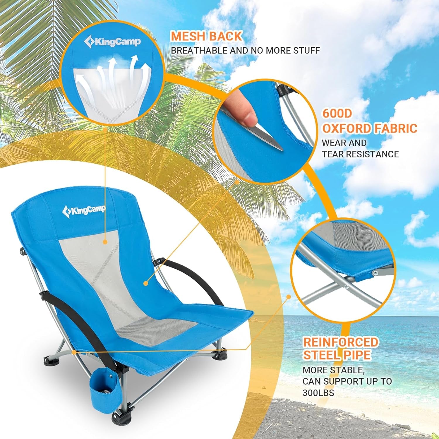 Low Beach Chair Folding Portable Lightweight Backpack Chair for Adults with Cup Holder Pocket Carry Bag for Outdoor Camping Concert Festival Travel Sports Lawn Sand, Blue