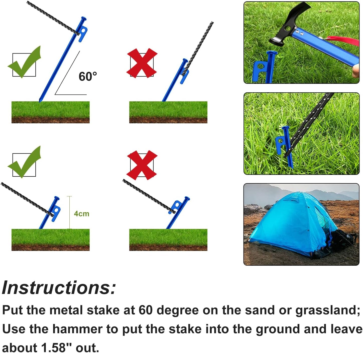 Tent Stakes, 6Pcs Heavy Duty Tent Stakes Metal with Tent Hammer 13Ft Reflective Ropes, Camping Accessories Kit with Tent Pegs Aluminum Mallet Storage Bag for Camping Hiking Backpacking