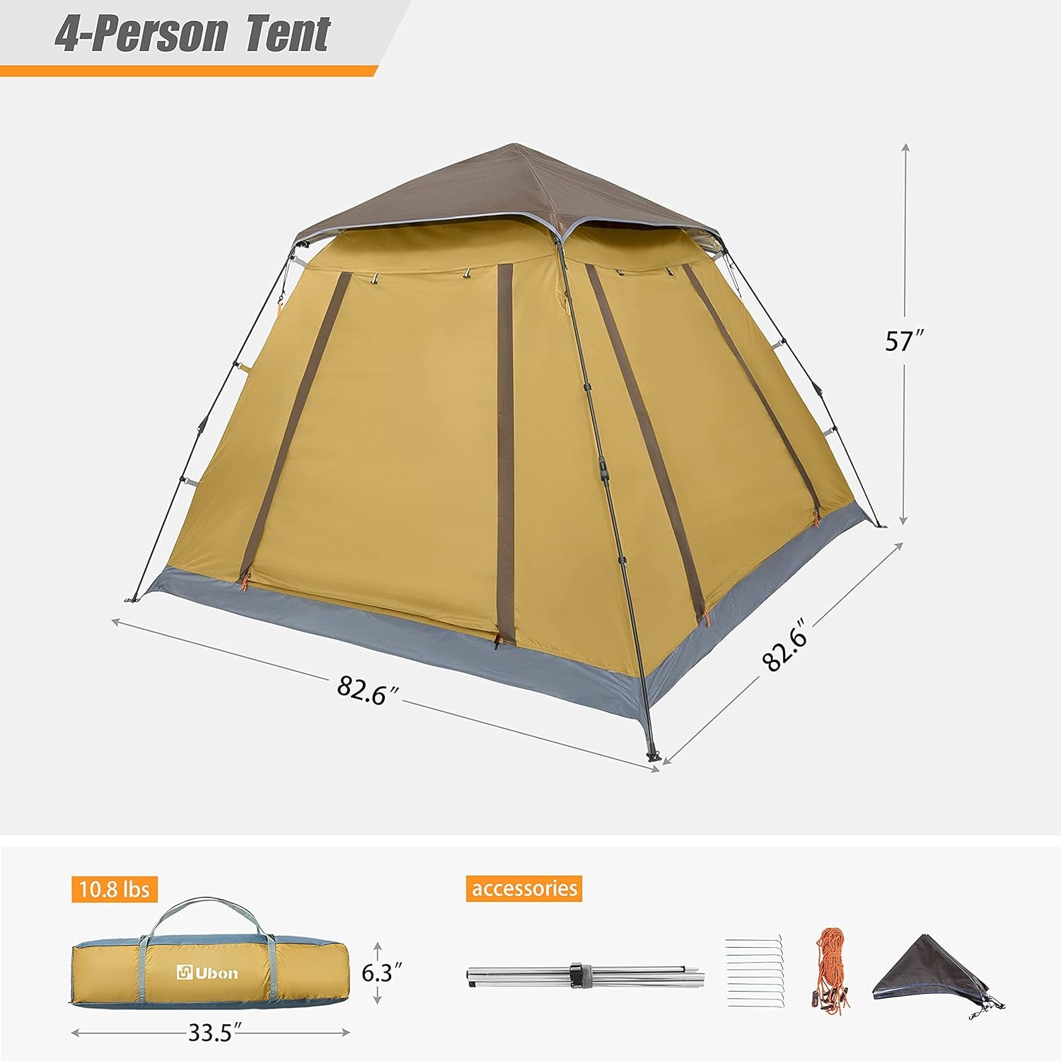 4 Person Lightweight Camping Tent Easy Setup Large Cabin Tent Waterproof and Sun Protect Instant Tent with Sun Shade for Outdoor Hiking Four Large Mesh Windows for Optimized Ventilation