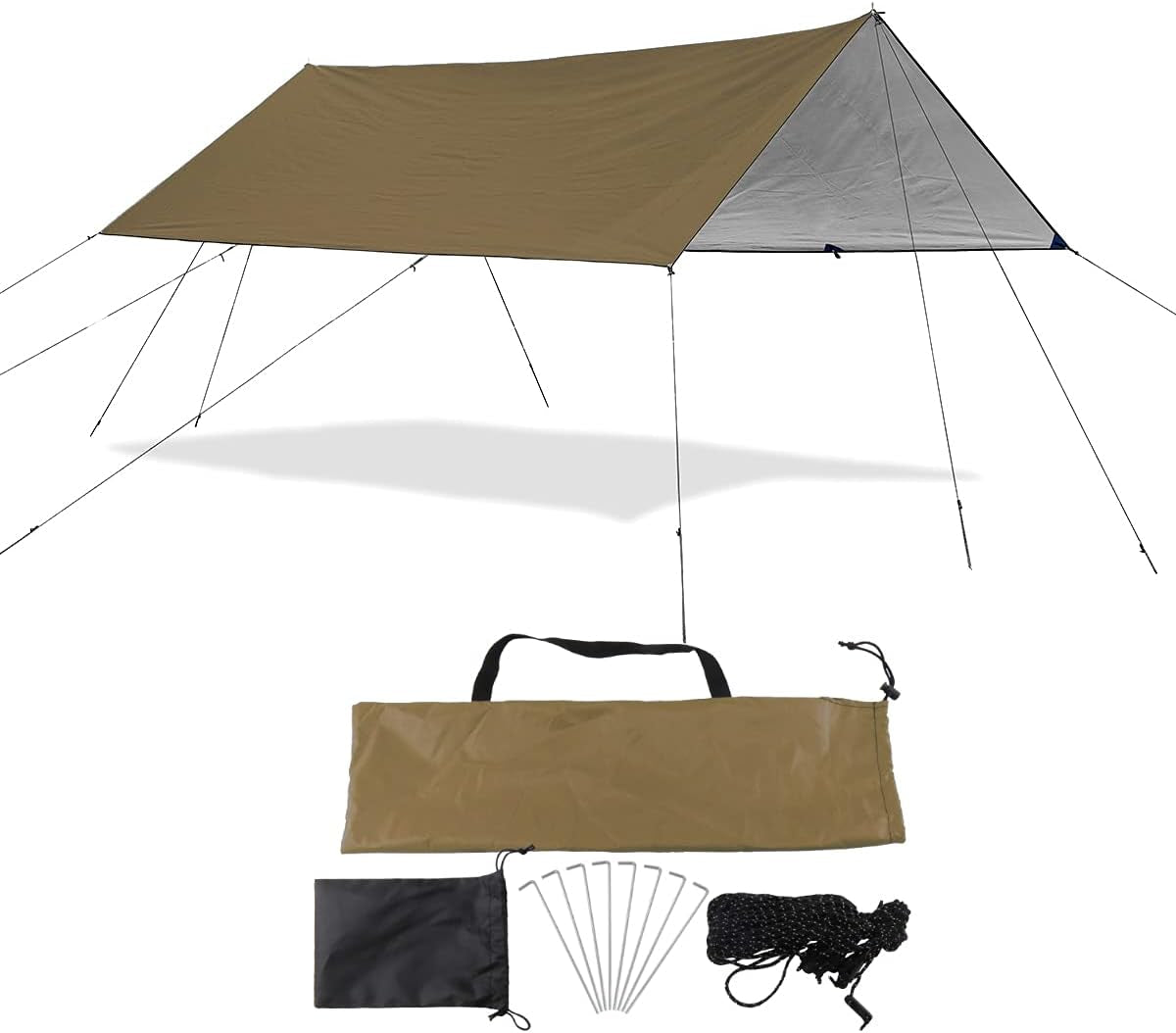 Camping Tarp Rain Fly Tarp Waterproof Tent Tarp Lightweight Ripstop Fabric 12FT Extra Large Tarp (Khaki)